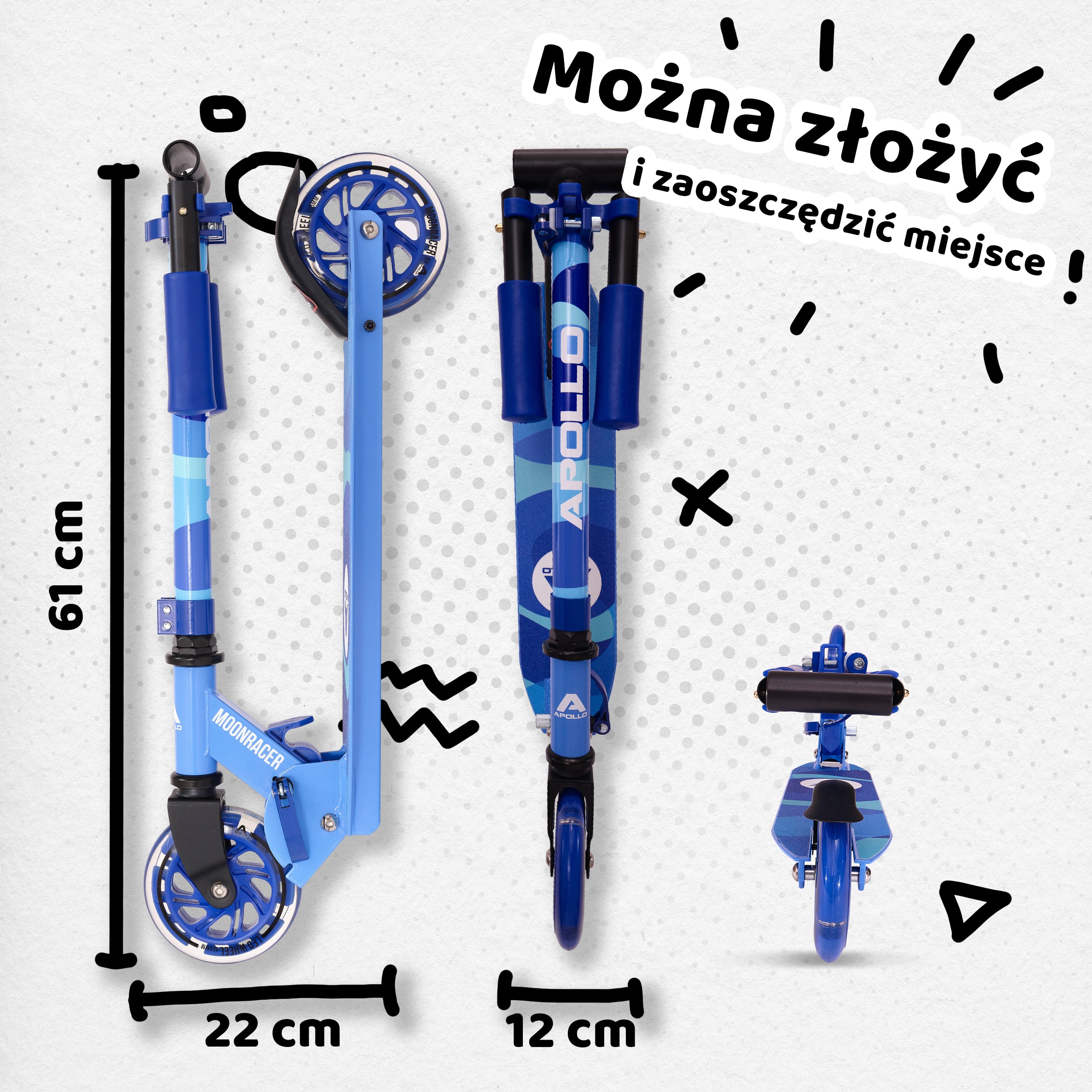 Apollo - Hulajnoga miejska„Moonracer” LED dla dzieci z amortyzacją - Niebieski