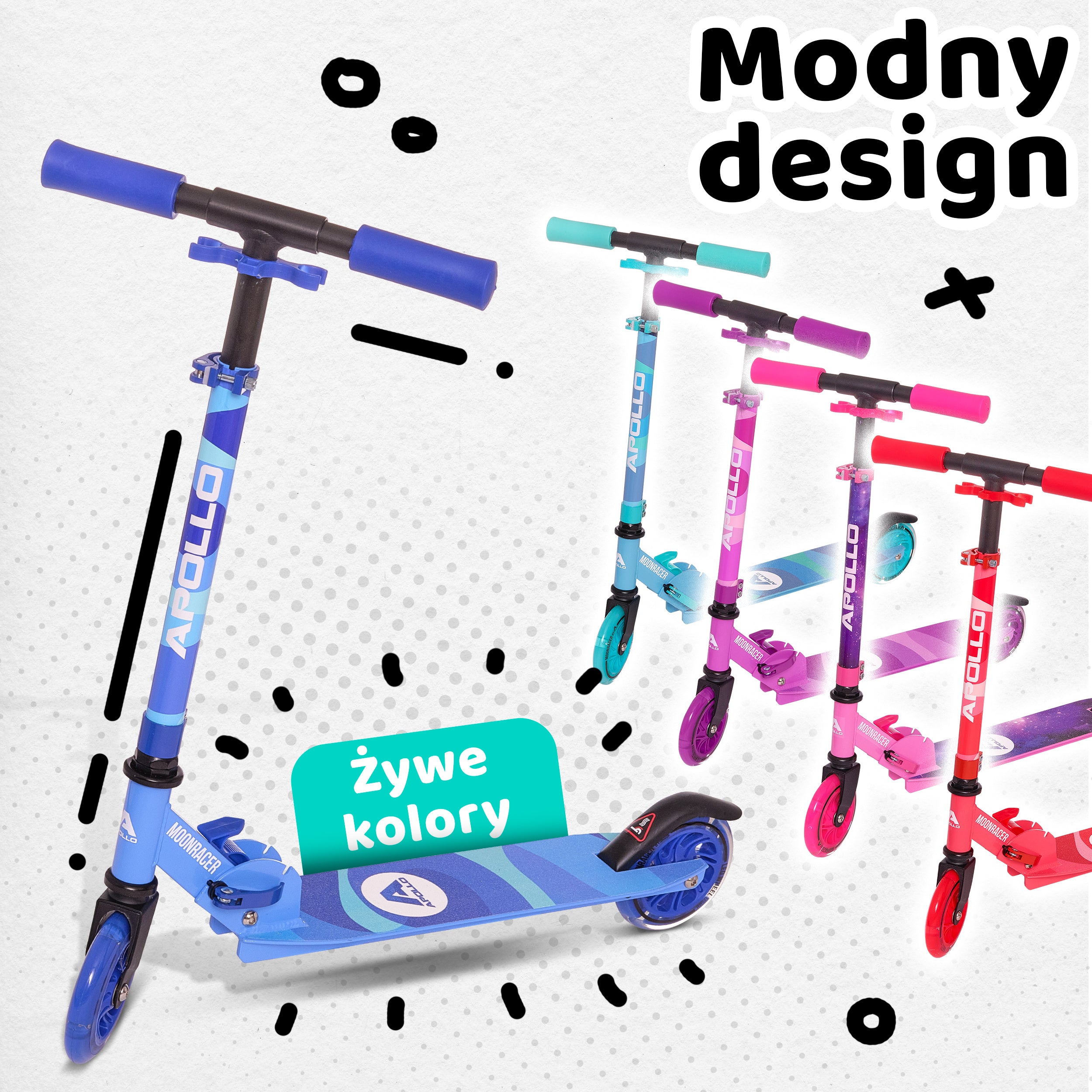 Apollo - Hulajnoga miejska„Moonracer” LED dla dzieci z amortyzacją - Niebieski