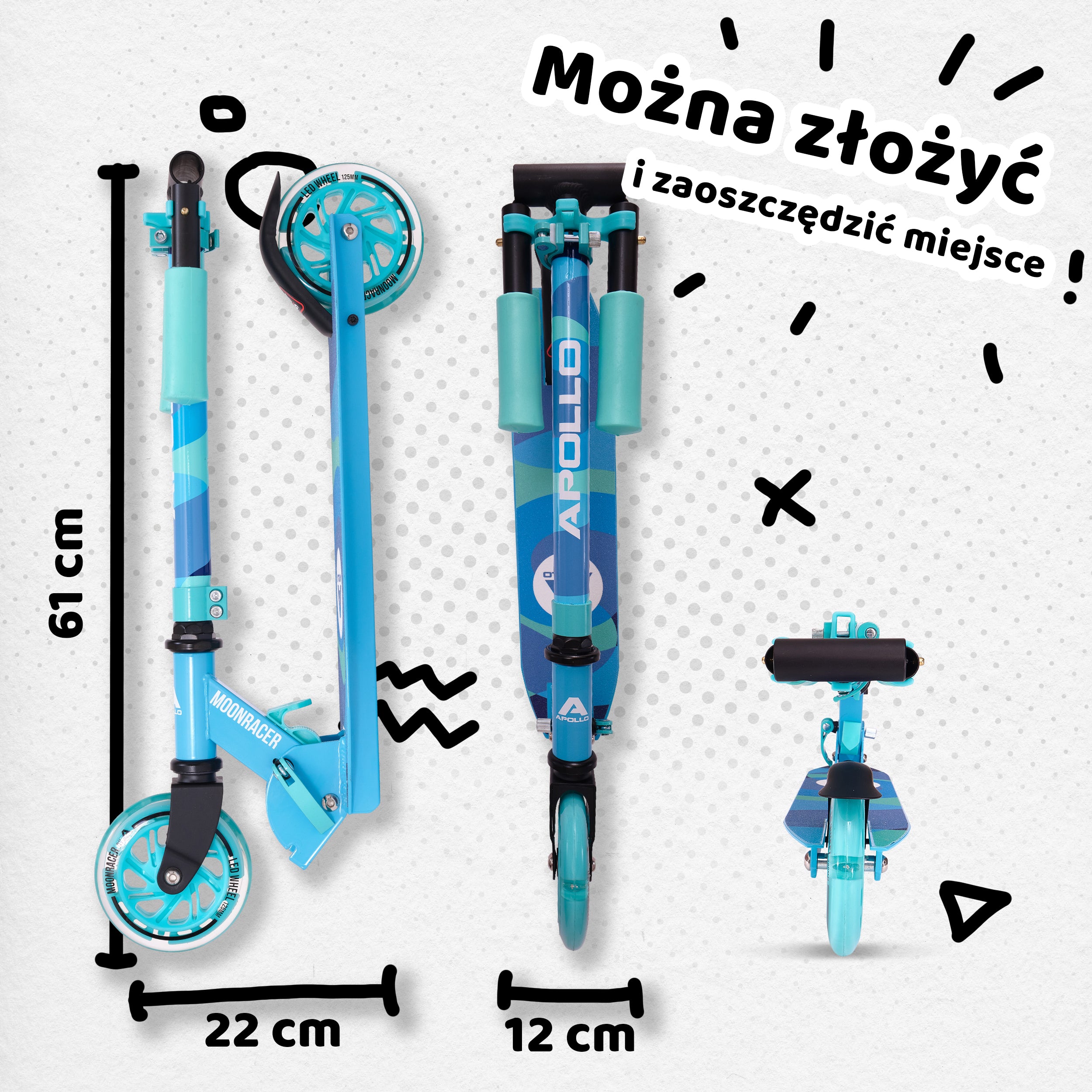 Apollo - Hulajnoga miejska„Moonracer” LED dla dzieci z amortyzacją - Jasnoniebieski