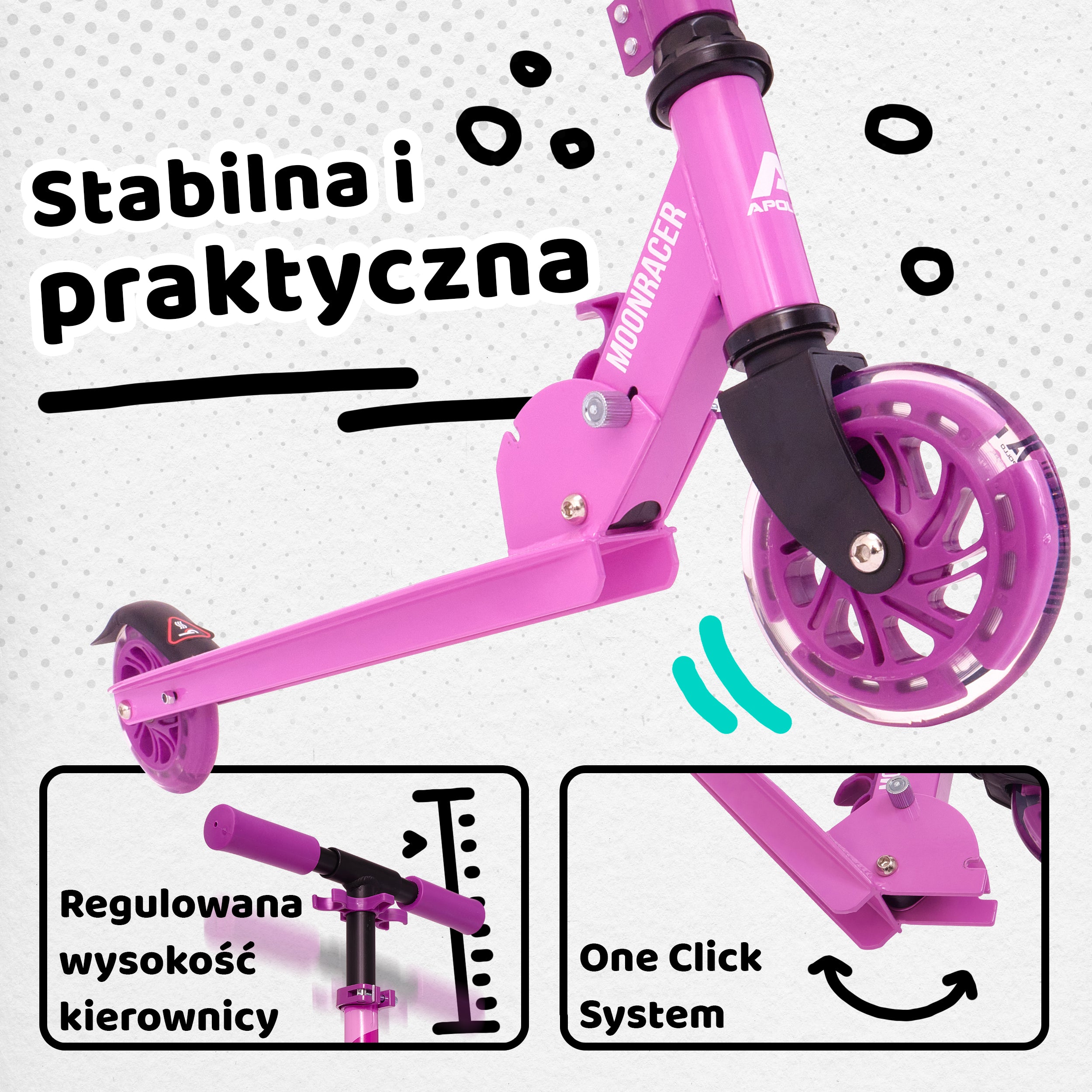 Apollo - Hulajnoga miejska„Moonracer” LED dla dzieci z amortyzacją - Fioletowy