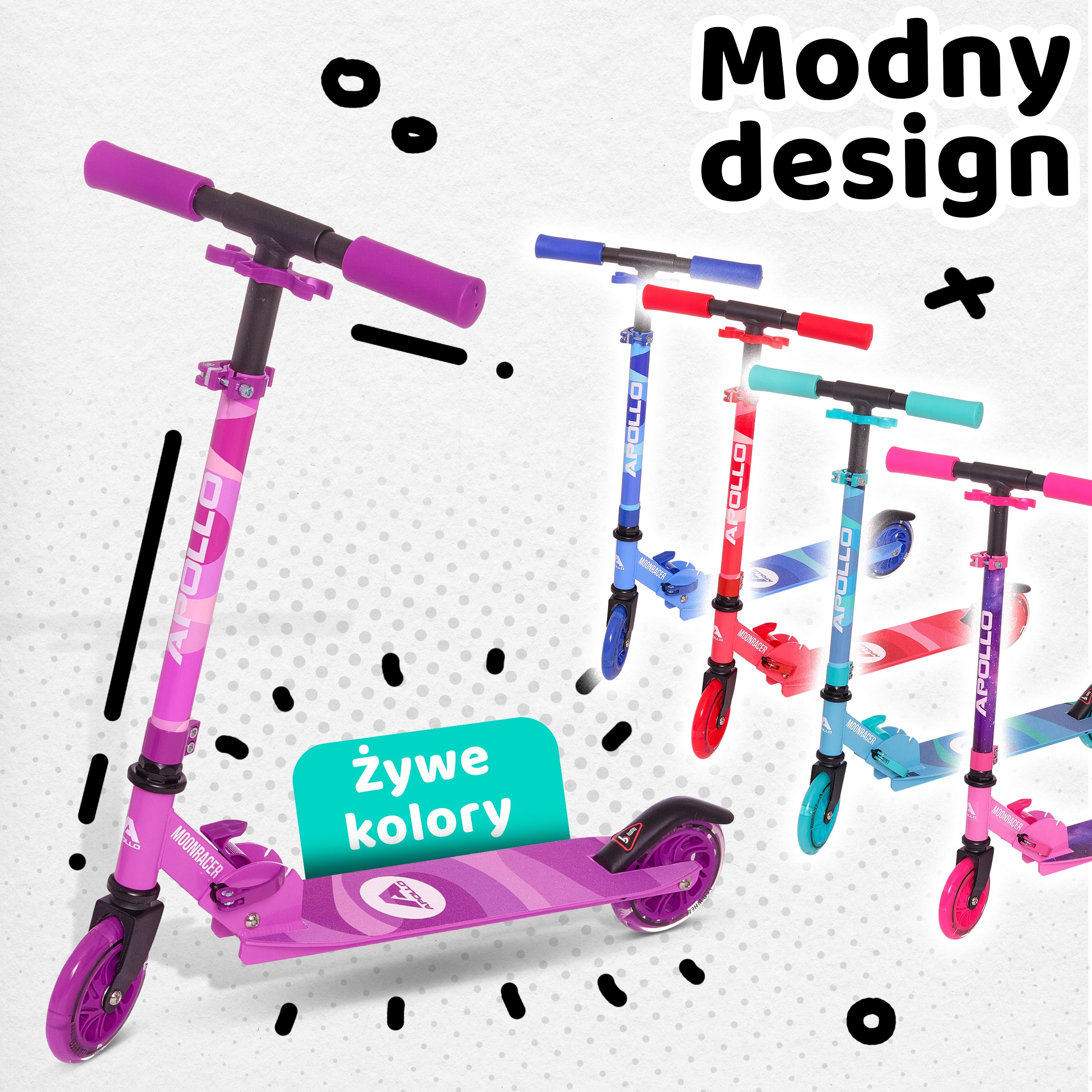 Apollo - Hulajnoga miejska„Moonracer” LED dla dzieci z amortyzacją - Fioletowy