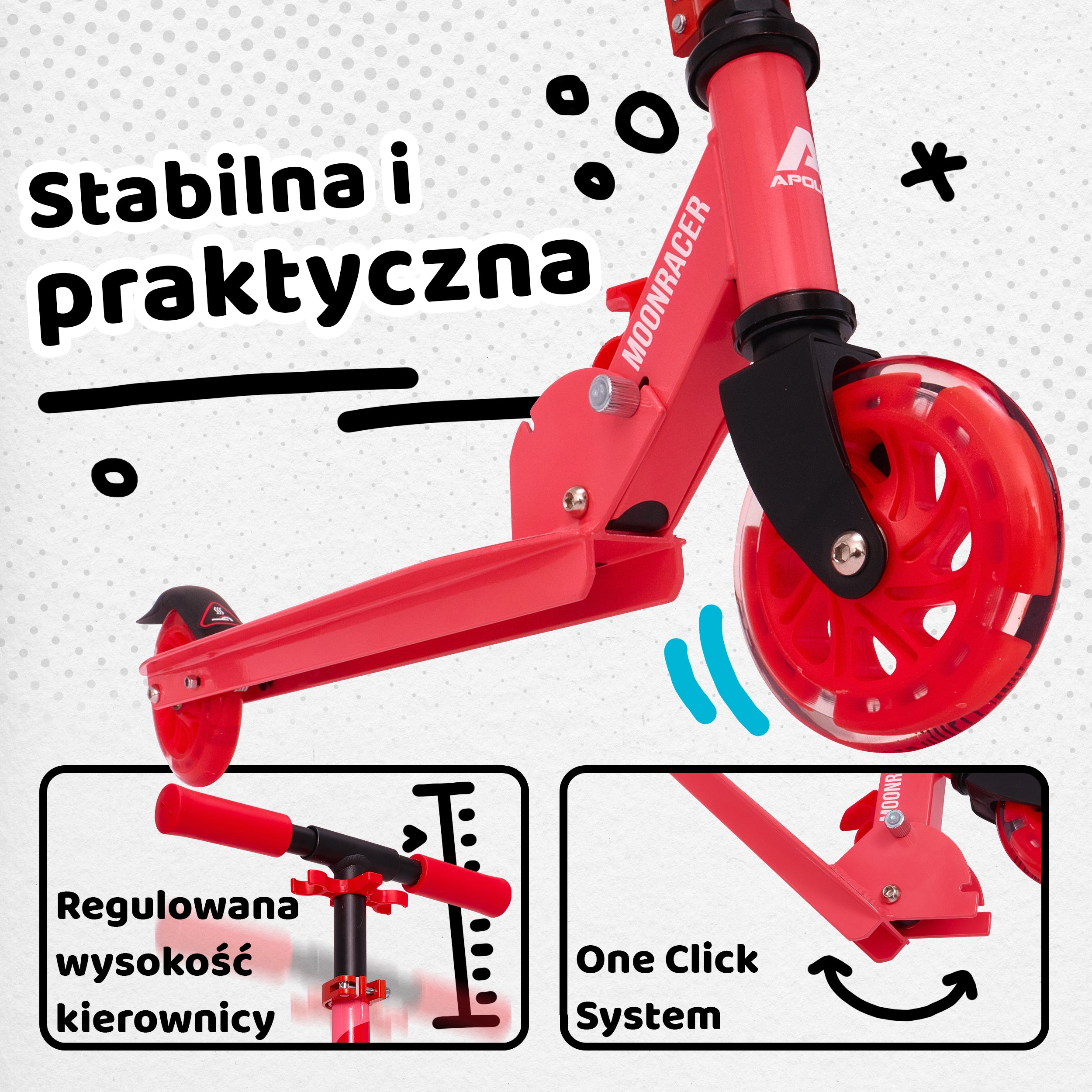 Apollo - Hulajnoga miejska„Moonracer” LED dla dzieci z amortyzacją - Czerwony