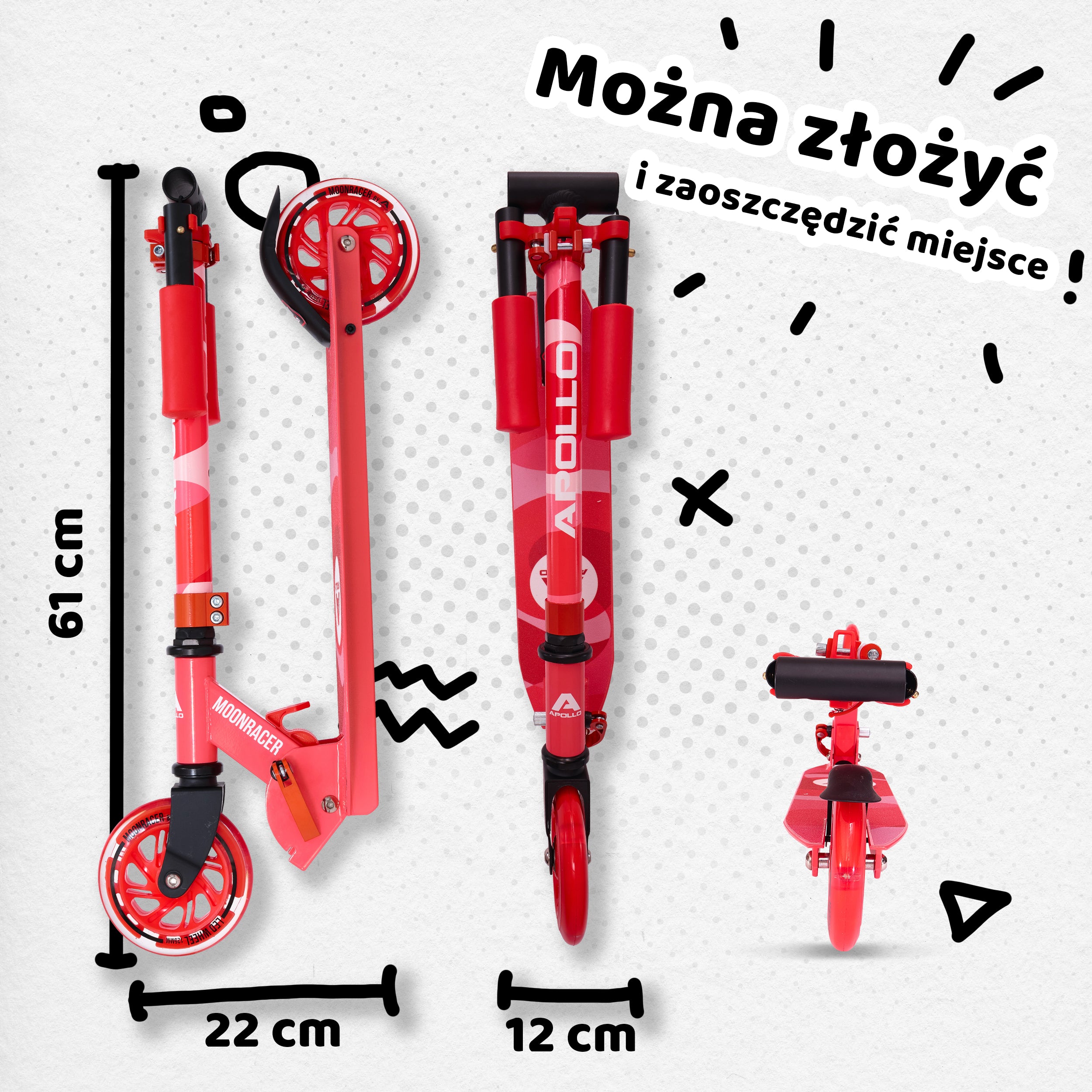 Apollo - Hulajnoga miejska„Moonracer” LED dla dzieci z amortyzacją - Czerwony