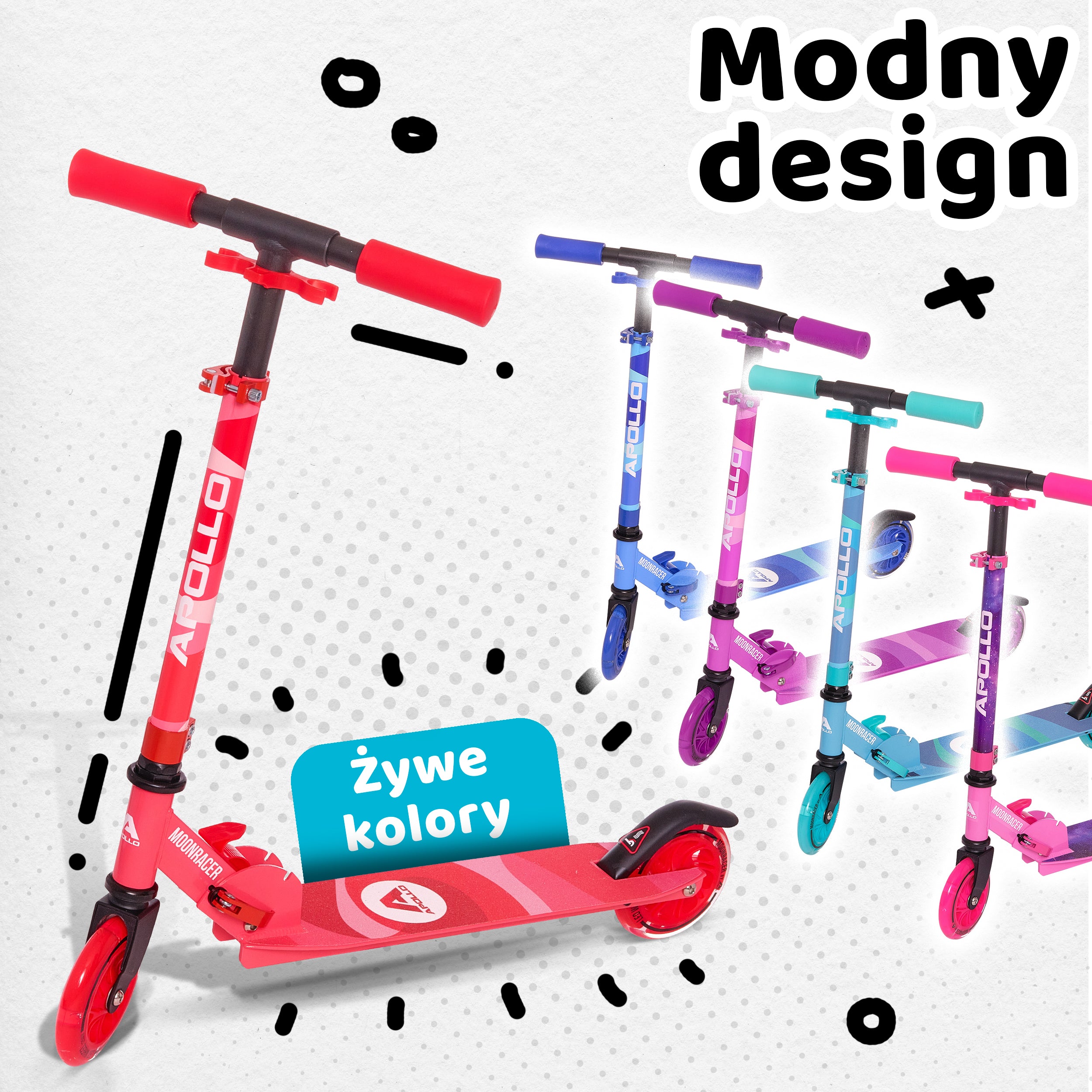 Apollo - Hulajnoga miejska„Moonracer” LED dla dzieci z amortyzacją - Czerwony