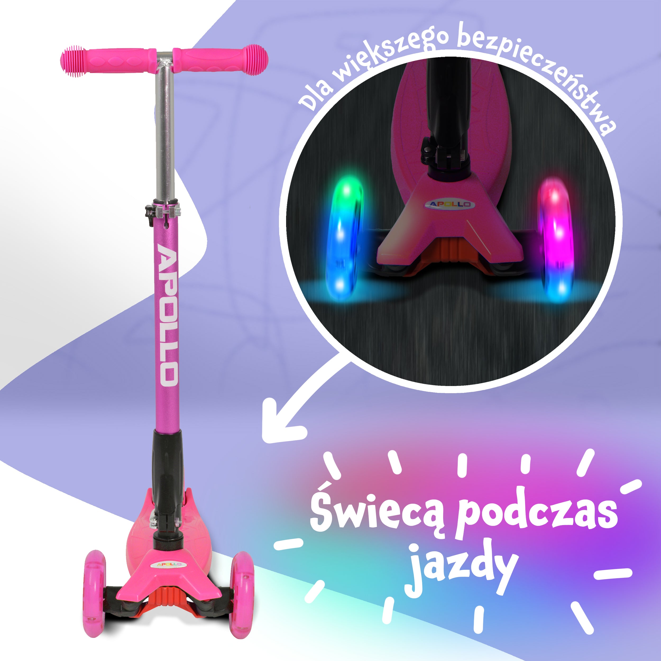 Apollo - Hulajnoga dla dzieci Apollo LED - w różnych kolorach - Różowy