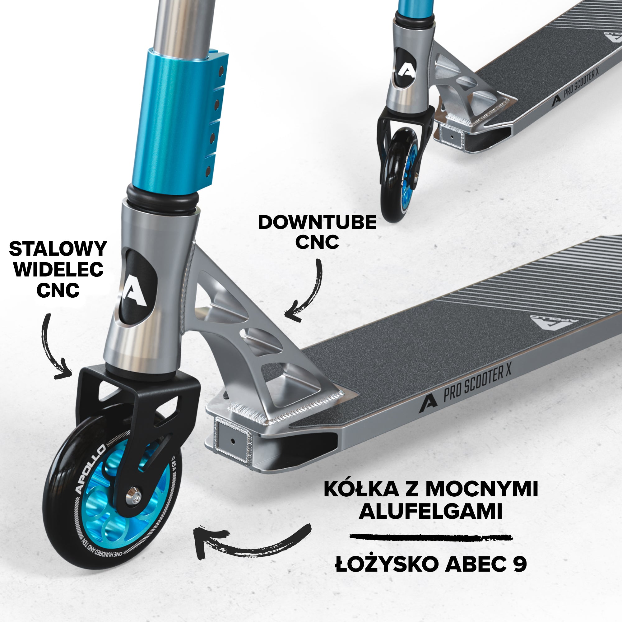 Apollo - High-end hulajnoga stunt "Genesis Pro X" z łożyskami ABEC 9 - Srebrny