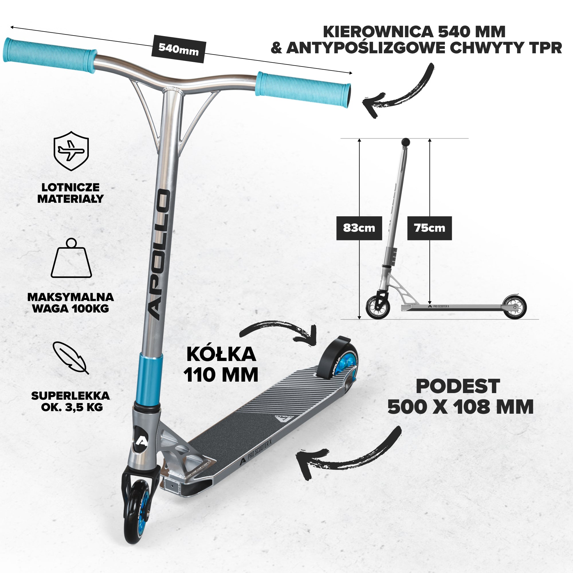 Apollo - High-end hulajnoga stunt "Genesis Pro X" z łożyskami ABEC 9 - Srebrny