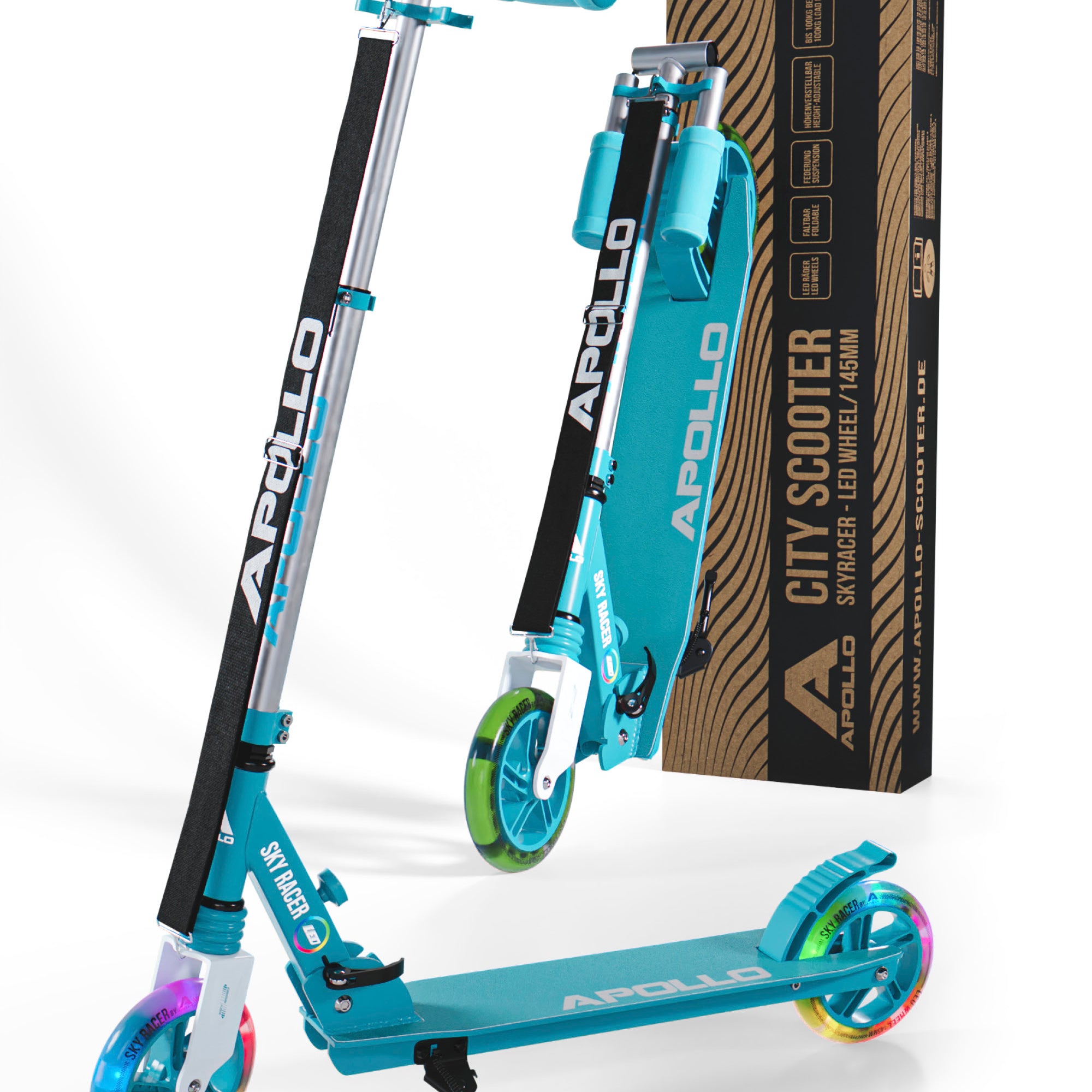 Apollo - Hulajnoga miejska z amortyzacją „Skyracer” składana, z regulowaną wysokością kierownicy koła 145mm - Turkusowy