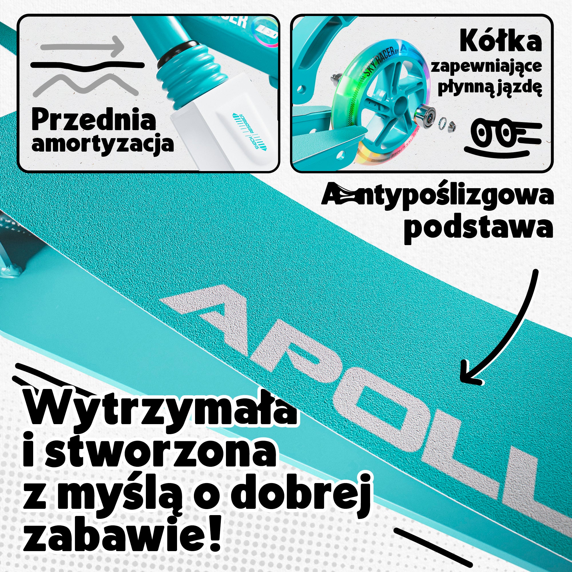 Apollo - Hulajnoga miejska z amortyzacją „Skyracer” składana, z regulowaną wysokością kierownicy koła 145mm - Turkusowy