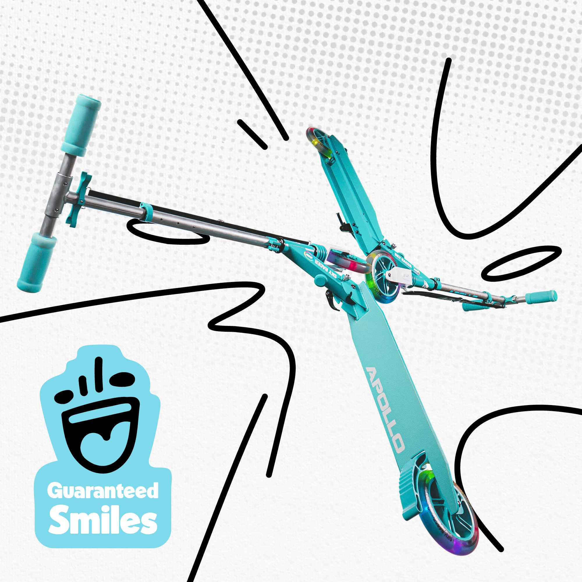 Apollo - Hulajnoga miejska z amortyzacją „Skyracer” składana, z regulowaną wysokością kierownicy koła 145mm - Turkusowy