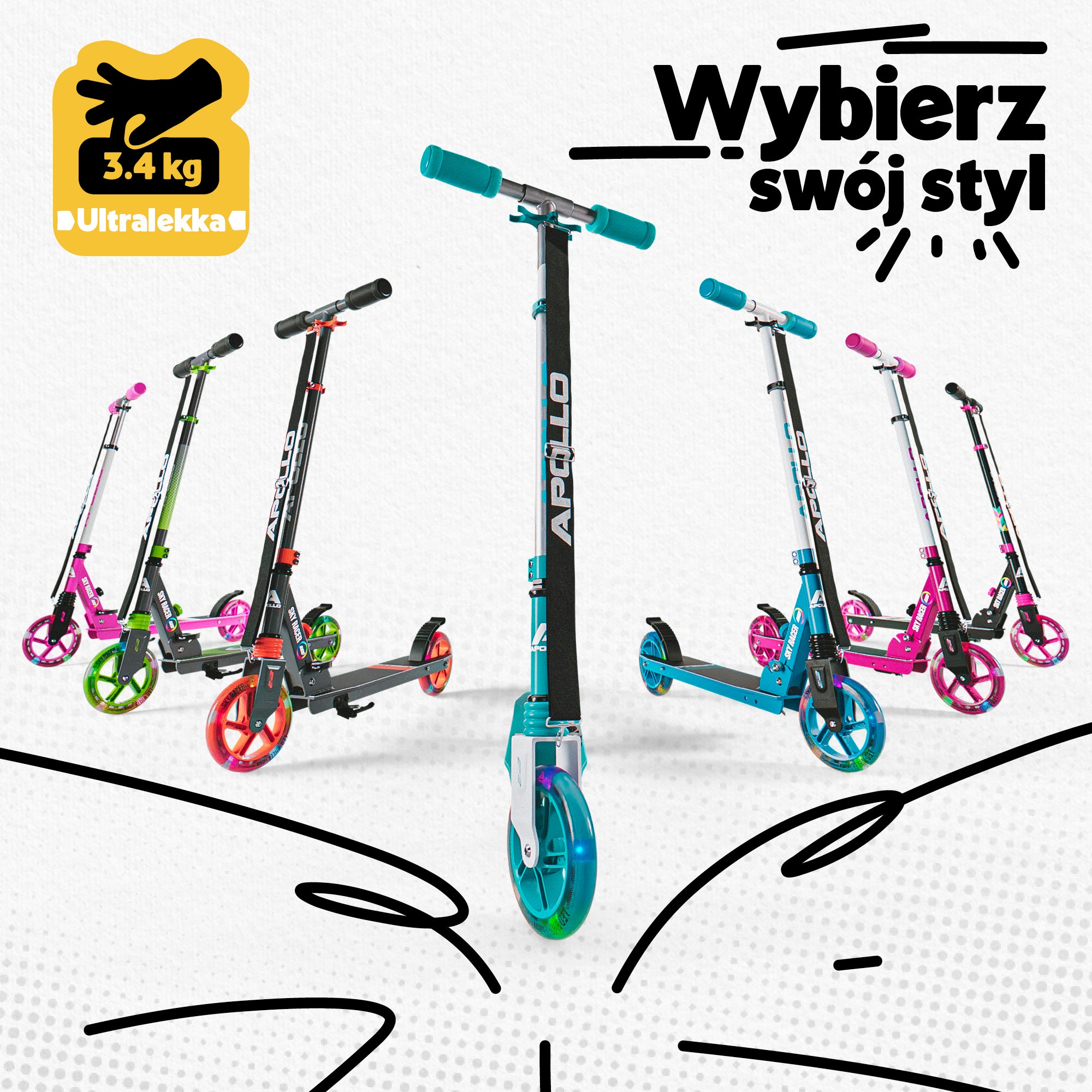 Apollo - Hulajnoga miejska z amortyzacją „Skyracer” składana, z regulowaną wysokością kierownicy koła 145mm - Turkusowy
