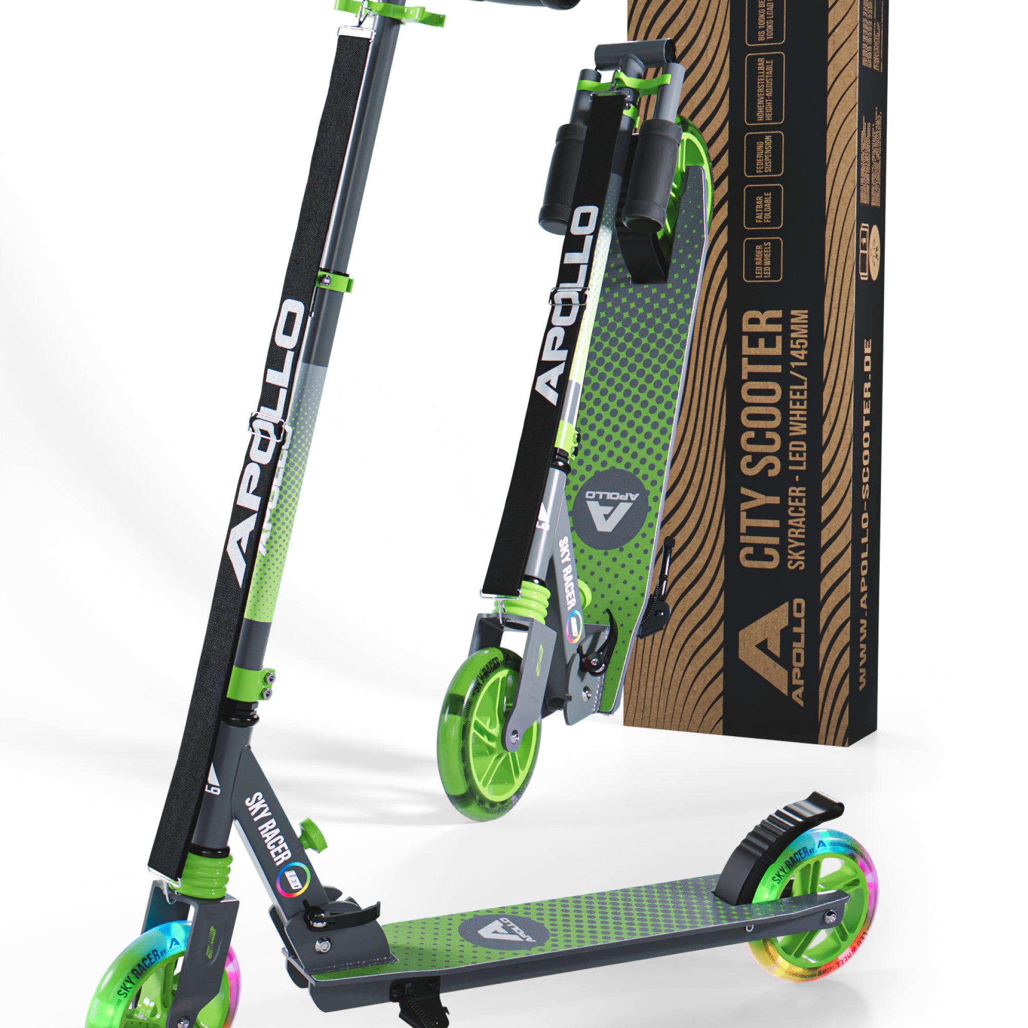Apollo - Hulajnoga miejska z amortyzacją „Skyracer” składana, z regulowaną wysokością kierownicy koła 145mm - Zielony Szary