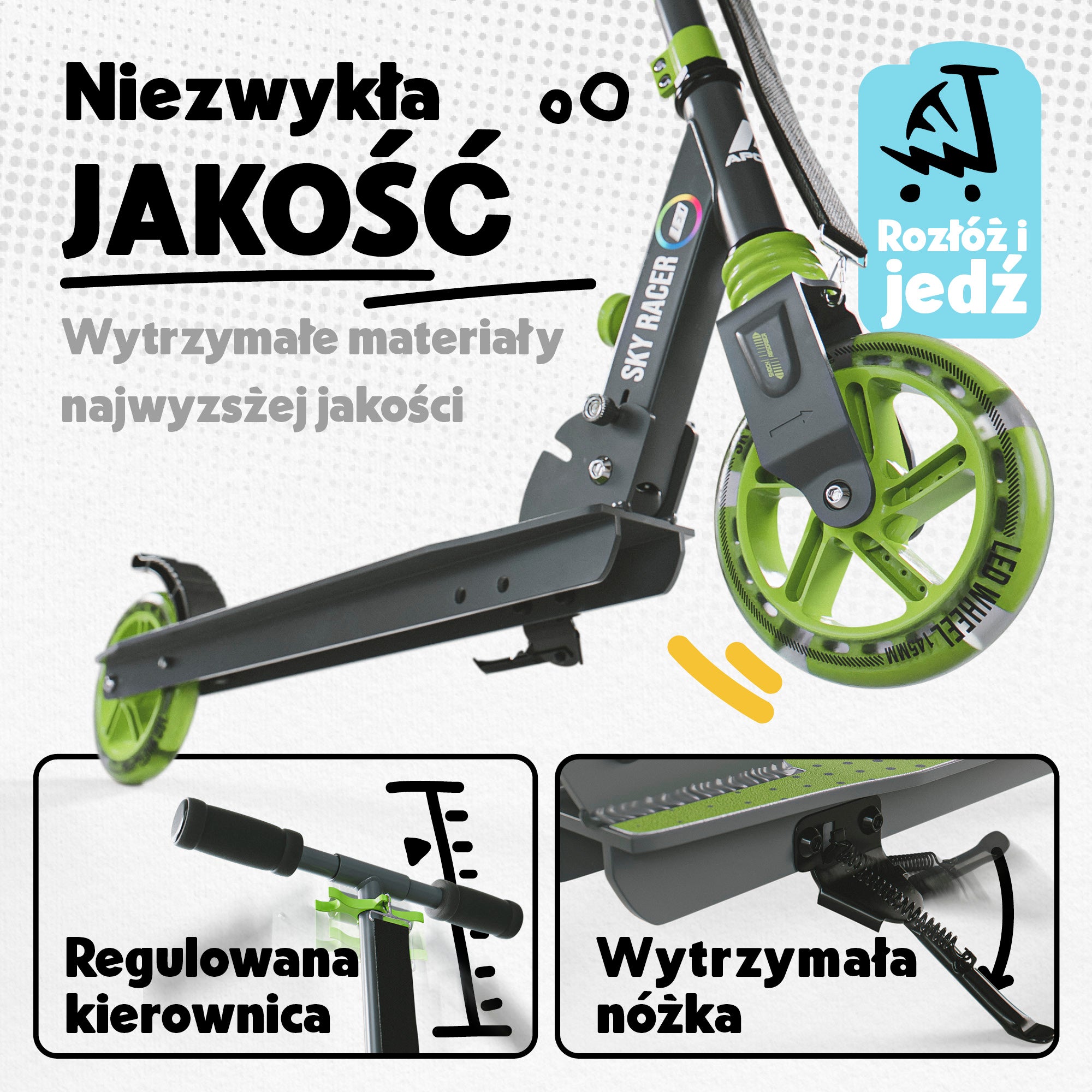 Apollo - Hulajnoga miejska z amortyzacją „Skyracer” składana, z regulowaną wysokością kierownicy koła 145mm - Zielony Szary