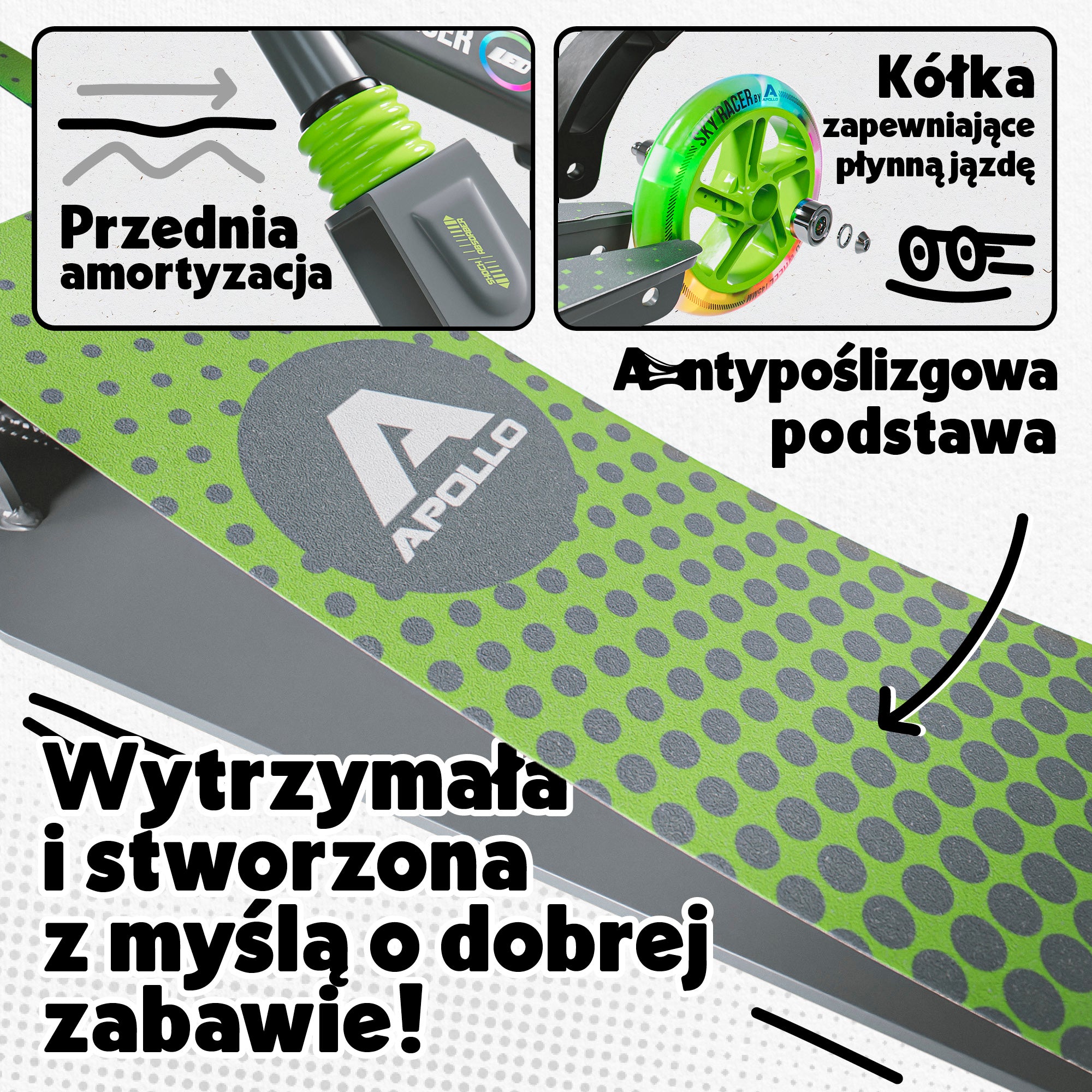 Apollo - Hulajnoga miejska z amortyzacją „Skyracer” składana, z regulowaną wysokością kierownicy koła 145mm - Zielony Szary