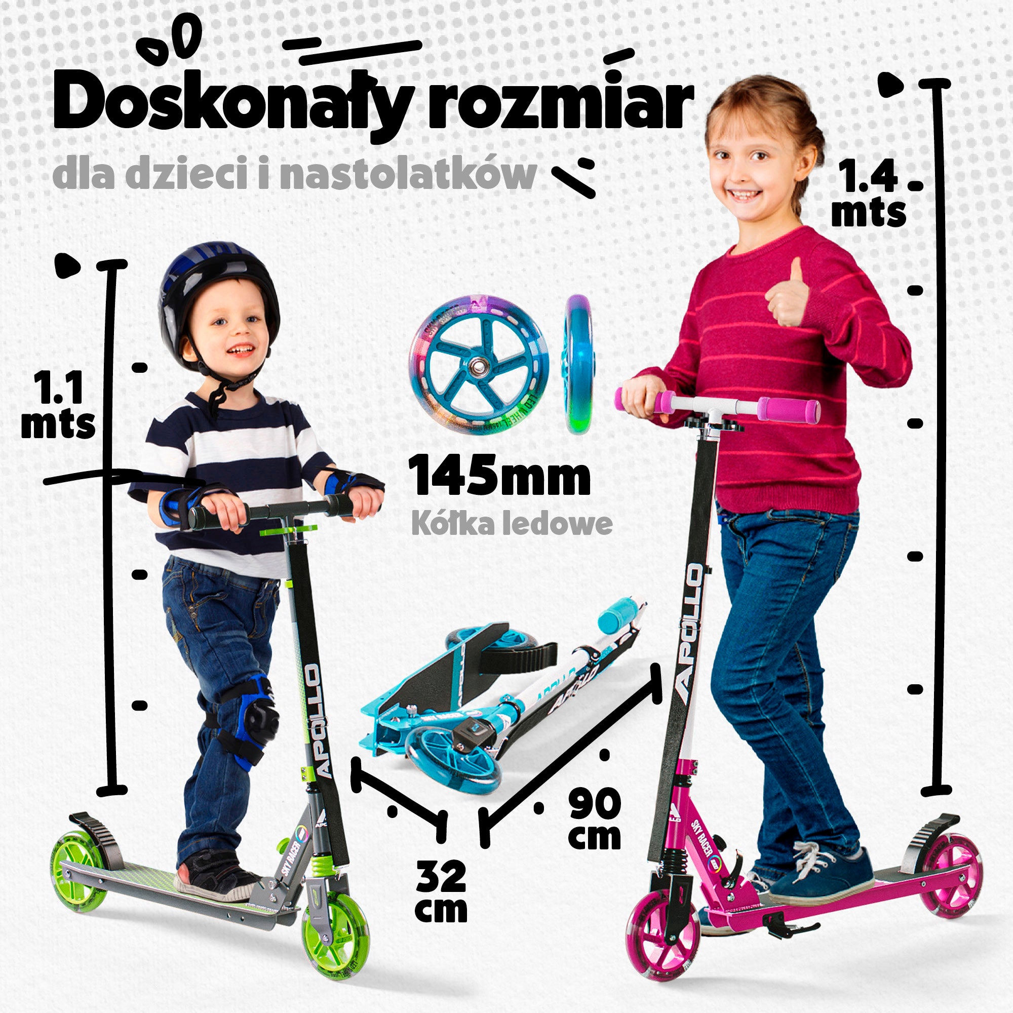 Apollo - Hulajnoga miejska z amortyzacją „Skyracer” składana, z regulowaną wysokością kierownicy koła 145mm - Zielony Szary