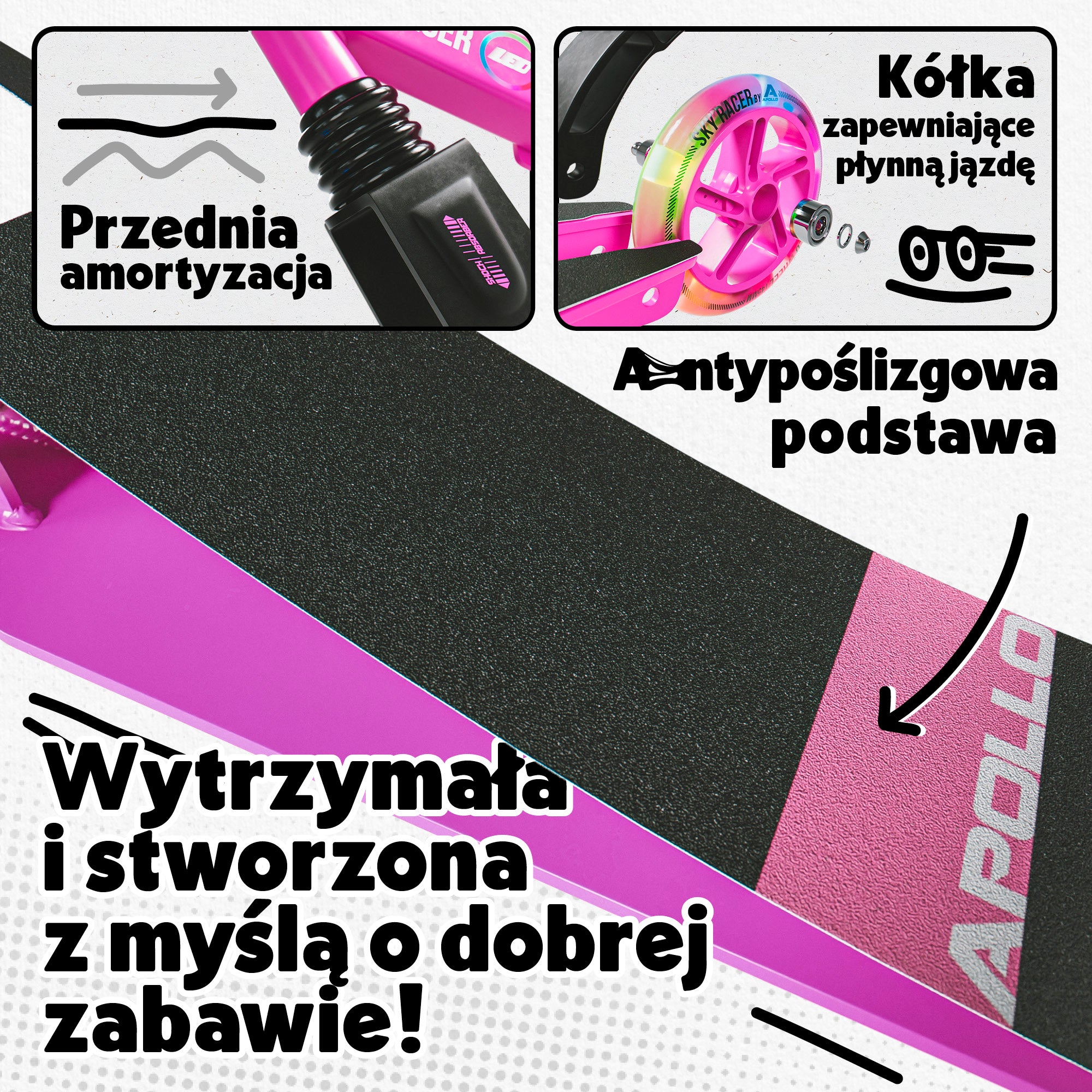 Apollo - Hulajnoga miejska z amortyzacją „Skyracer” składana, z regulowaną wysokością kierownicy koła 145mm - Różowy Biały
