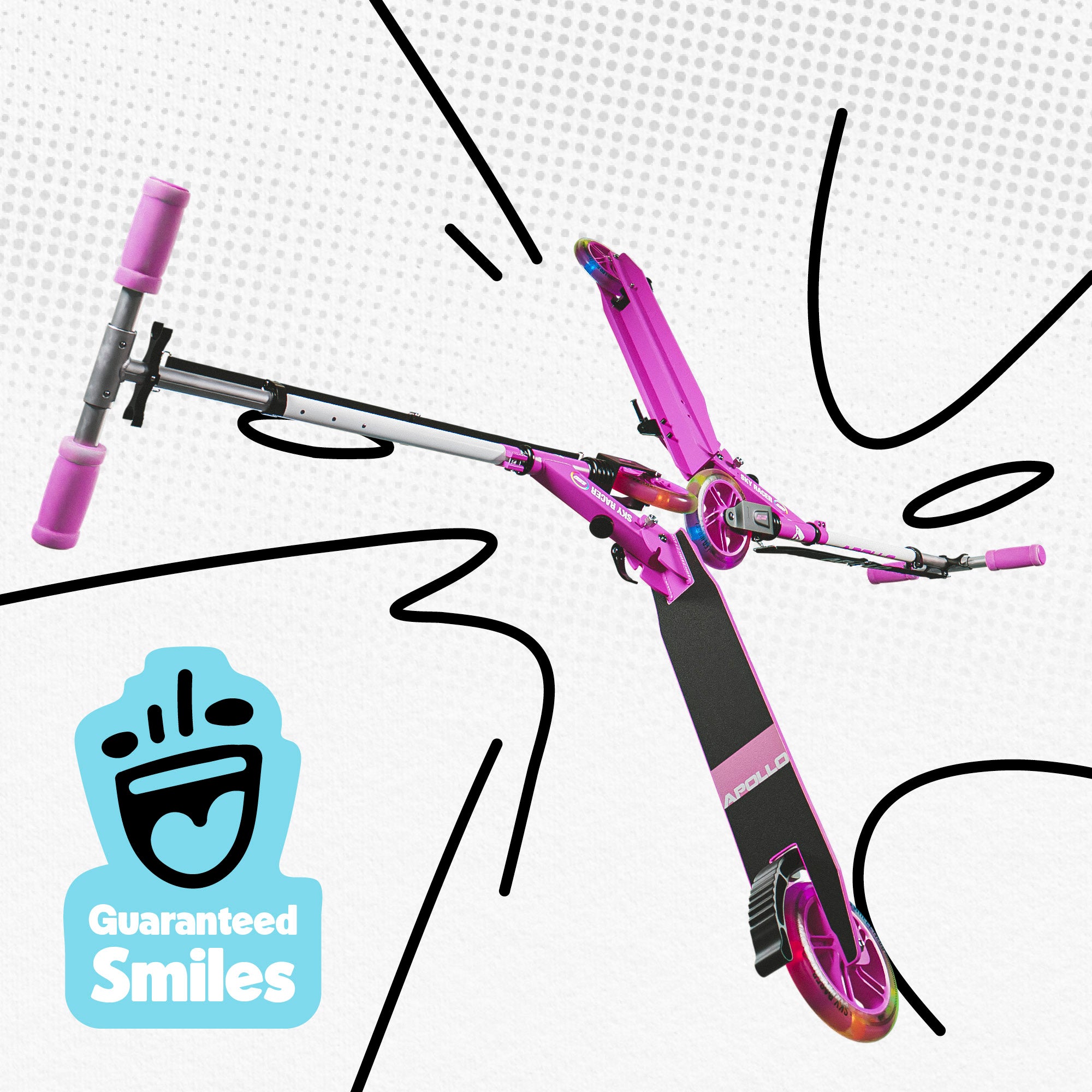 Apollo - Hulajnoga miejska z amortyzacją „Skyracer” składana, z regulowaną wysokością kierownicy koła 145mm - Różowy Biały