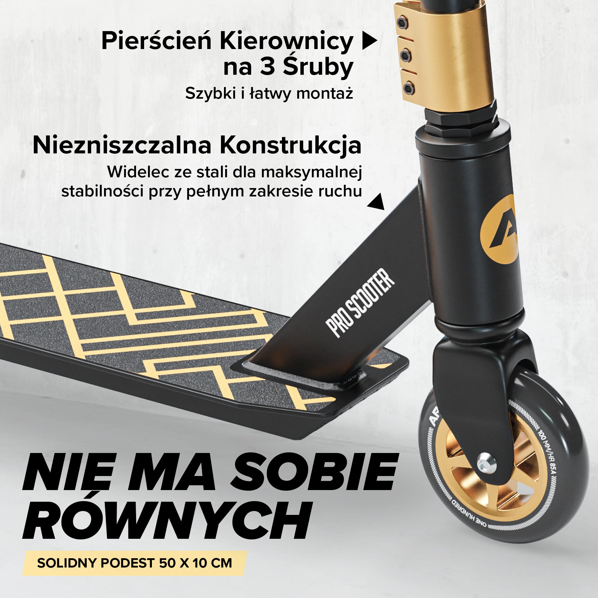 Apollo - Hulajnoga stunt „Genius Pro" - wytrzymała hulajnoga dla dzieci z łożyskami ABEC 9 - Czarny Złoty