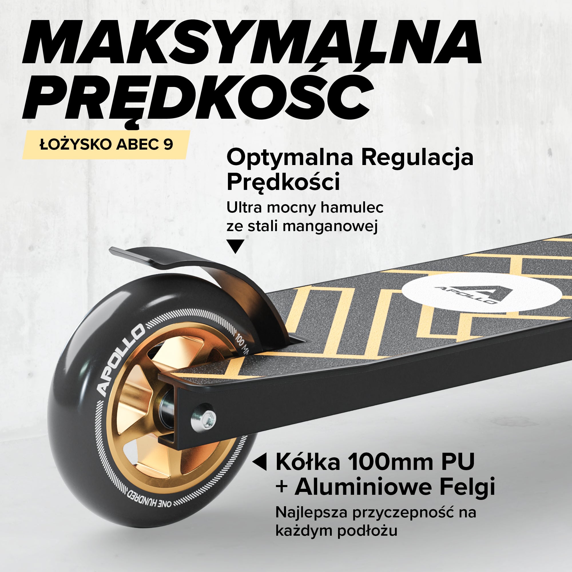 Apollo - Hulajnoga stunt „Genius Pro" - wytrzymała hulajnoga dla dzieci z łożyskami ABEC 9 - Czarny Złoty