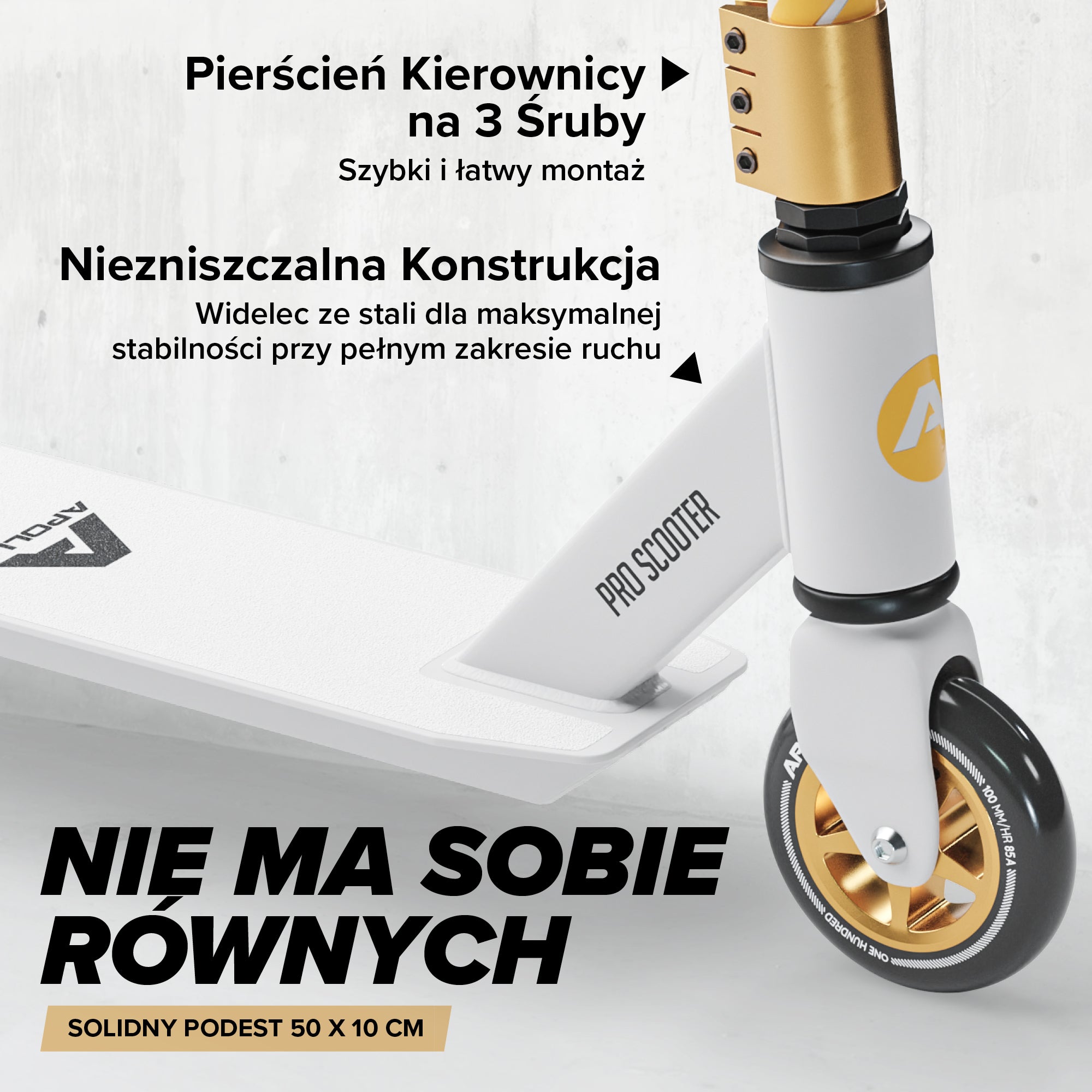 Apollo - Hulajnoga stunt „Genius Pro" - wytrzymała hulajnoga dla dzieci z łożyskami ABEC 9 - Biały Złoty
