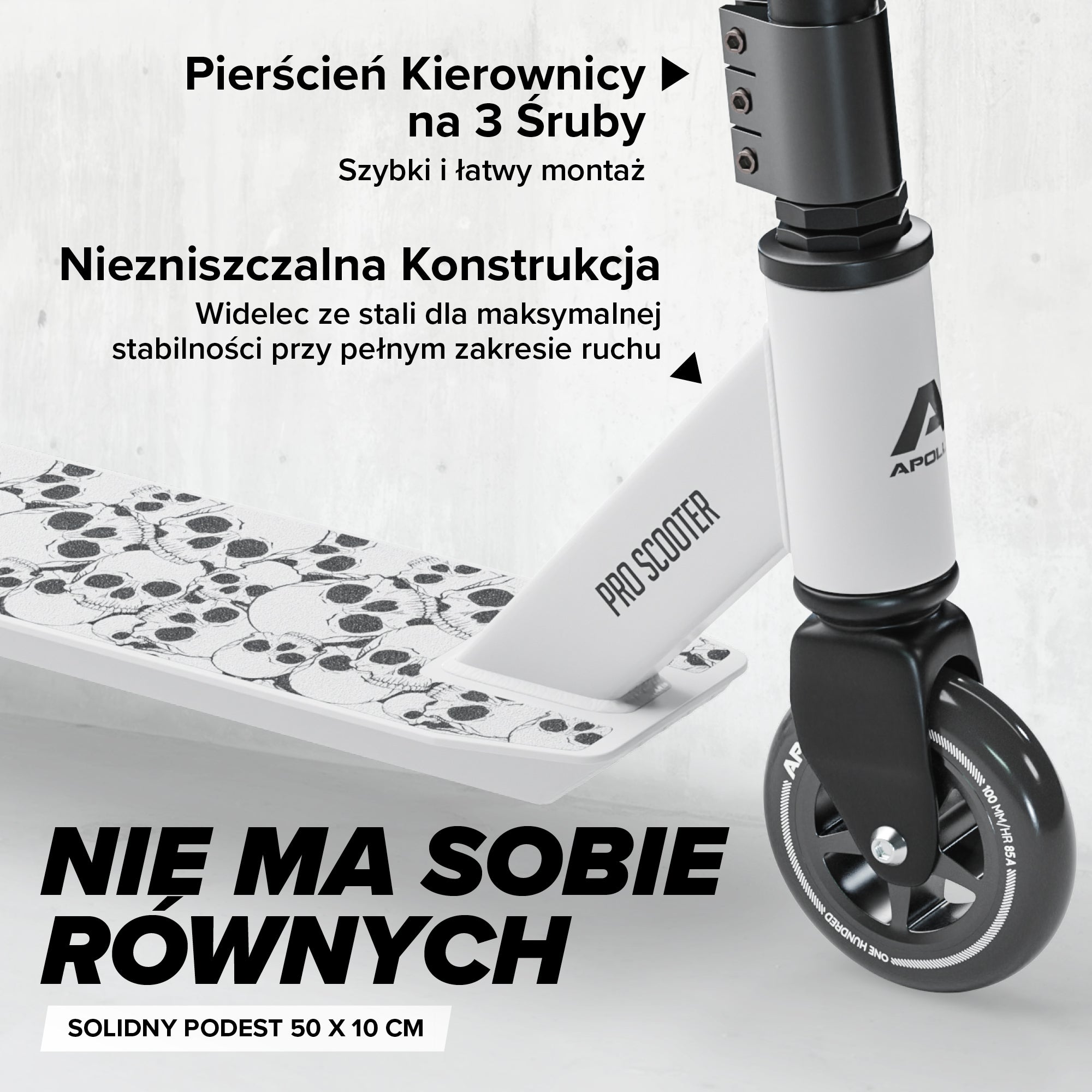 Apollo - Hulajnoga stunt „Genius Pro" - wytrzymała hulajnoga dla dzieci z łożyskami ABEC 9 - Biały w czaszki
