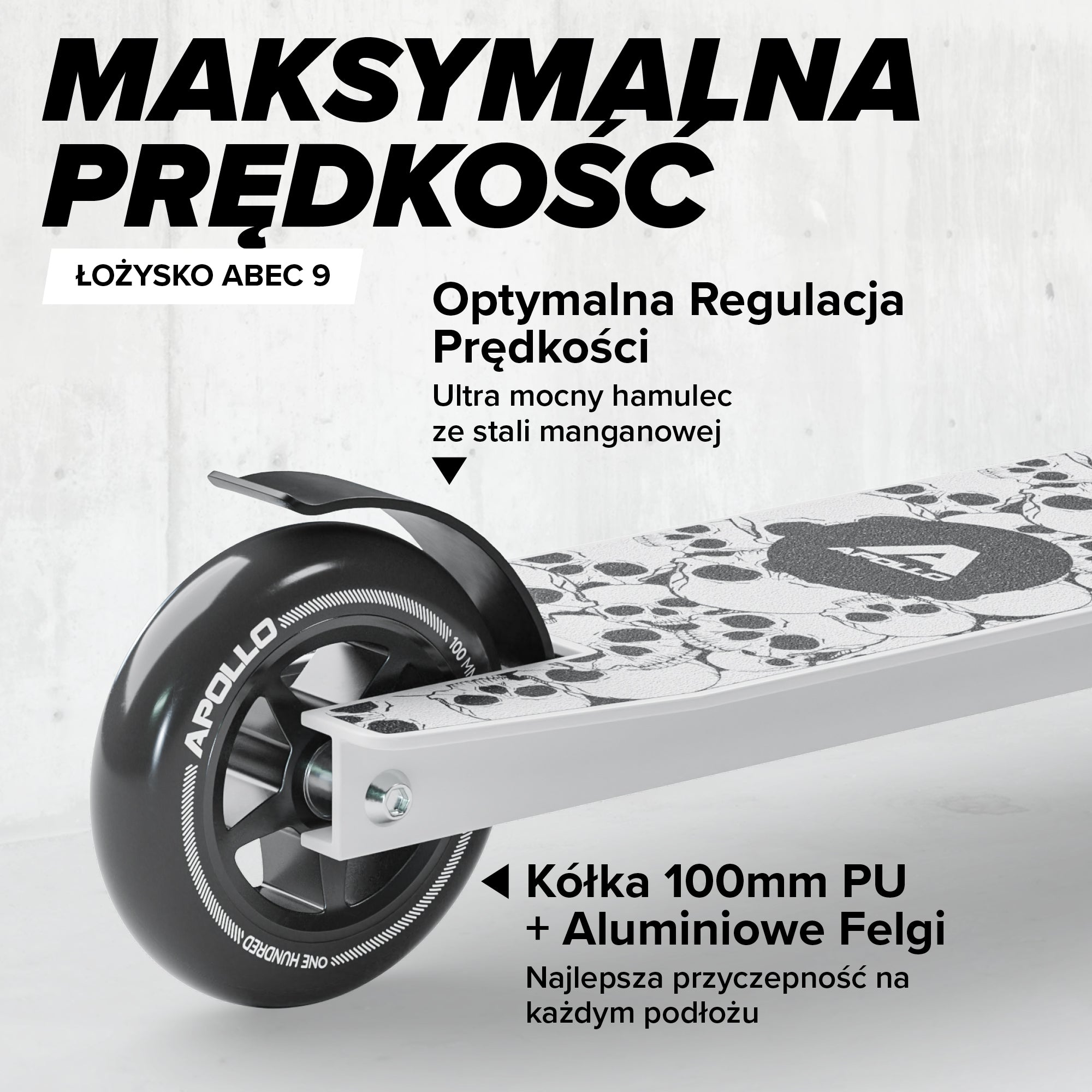 Apollo - Hulajnoga stunt „Genius Pro" - wytrzymała hulajnoga dla dzieci z łożyskami ABEC 9 - Biały w czaszki