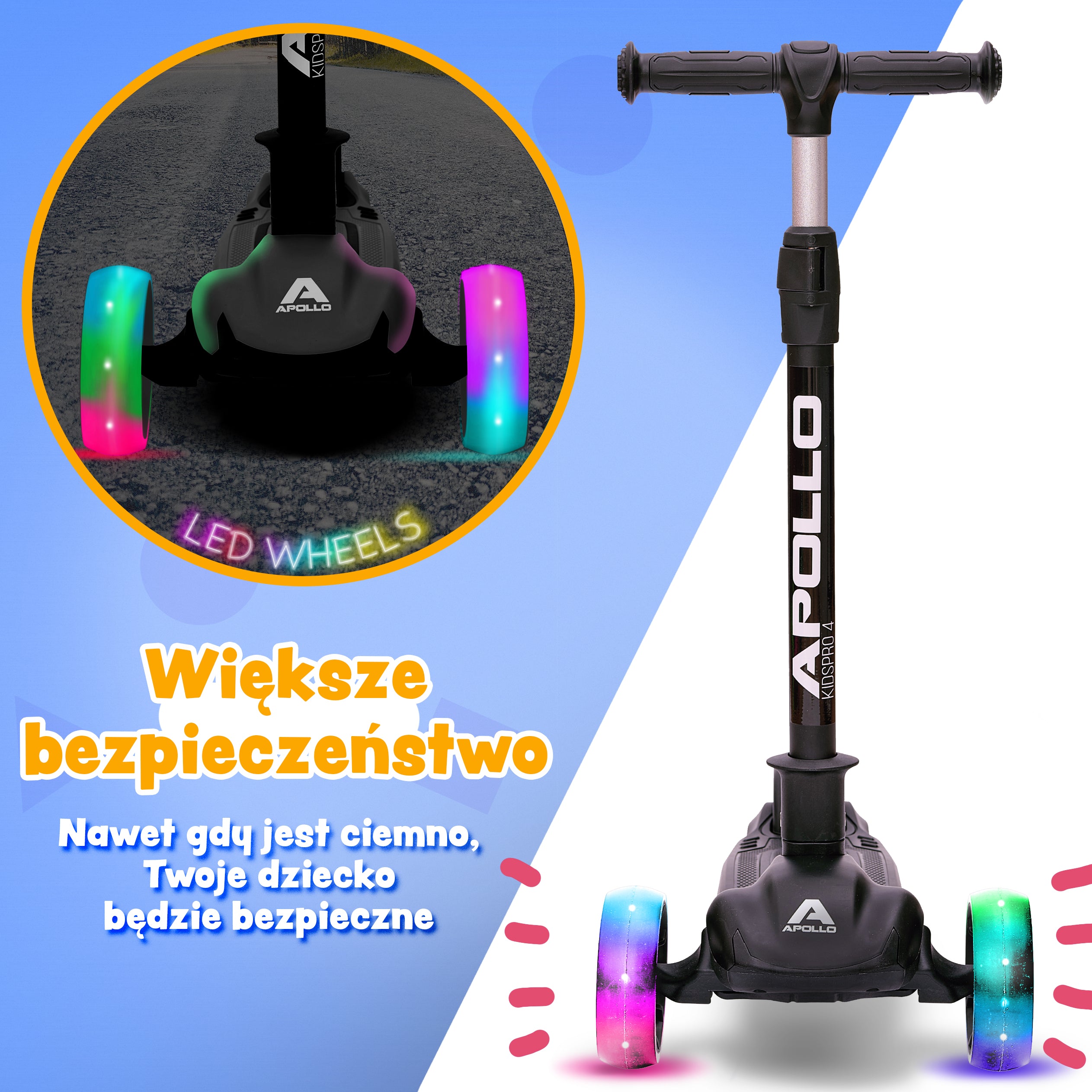 Apollo - Hulajnoga dla dzieci "KidsPro4" składana hulajnoga LED - Czarny
