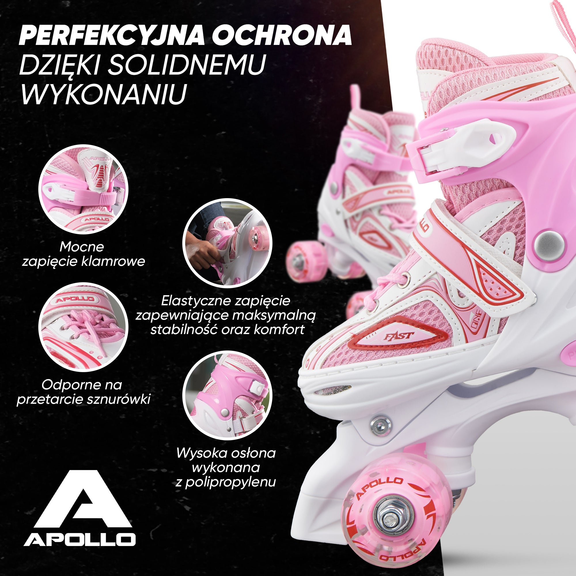 Apollo - Super Quad regulowane wrotki dla dzieci - biały/różowy - L (39-42)
