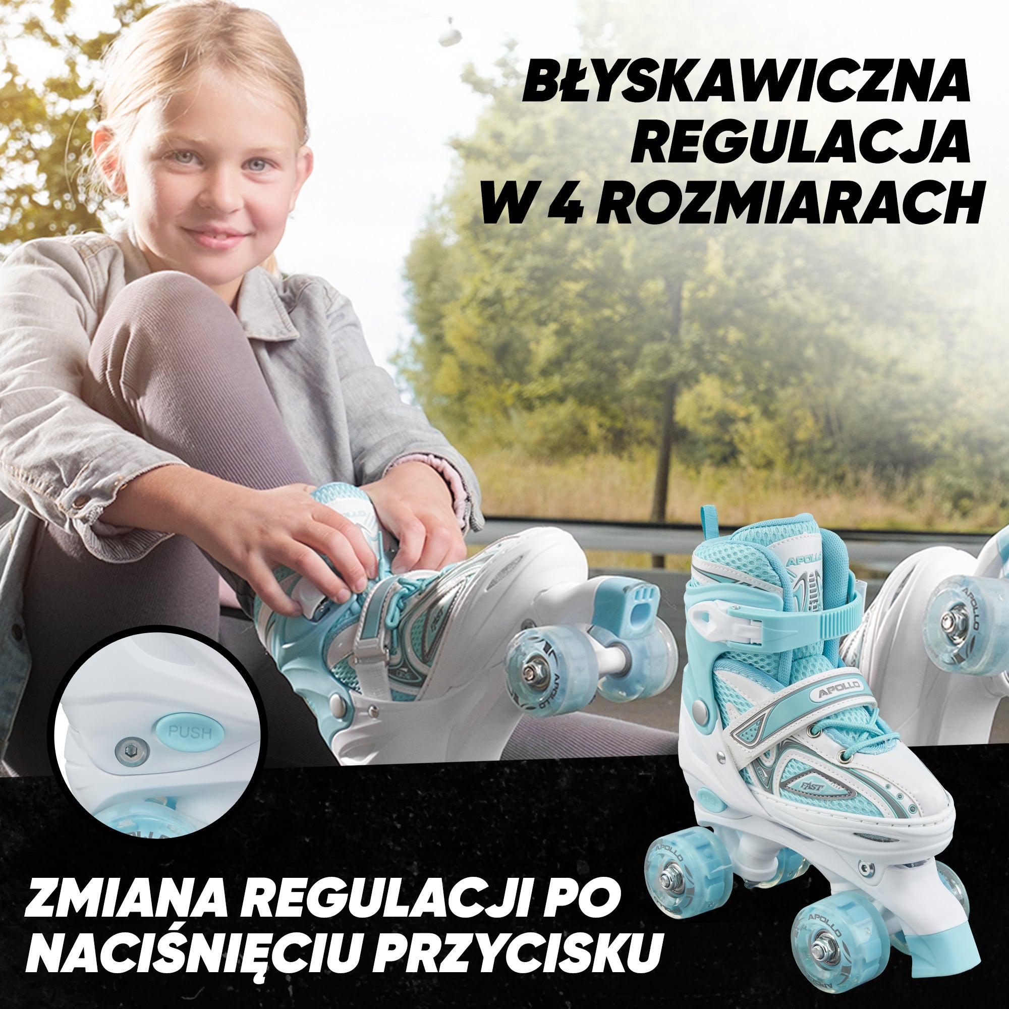 Apollo - Super Quad regulowane wrotki dla dzieci - biały/miętowy - L (39-42)