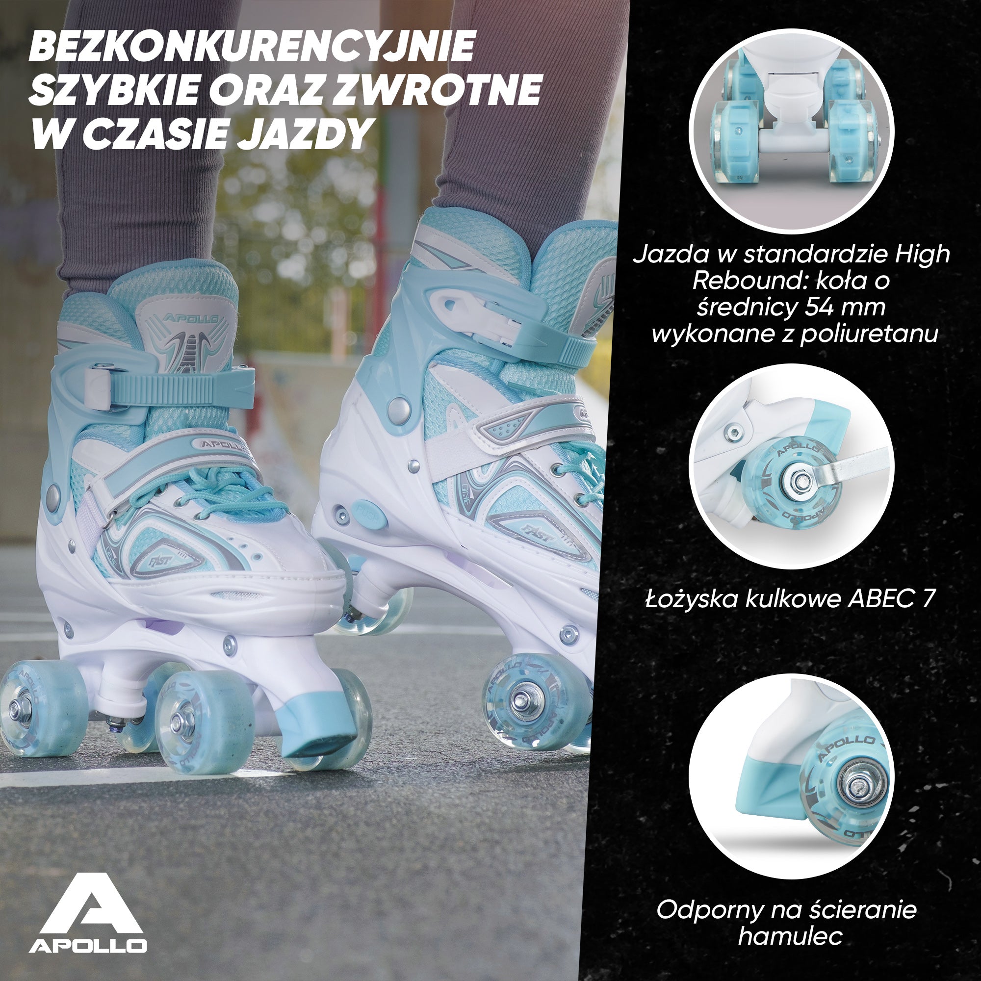 Apollo - Super Quad regulowane wrotki dla dzieci - biały/miętowy - L (39-42)