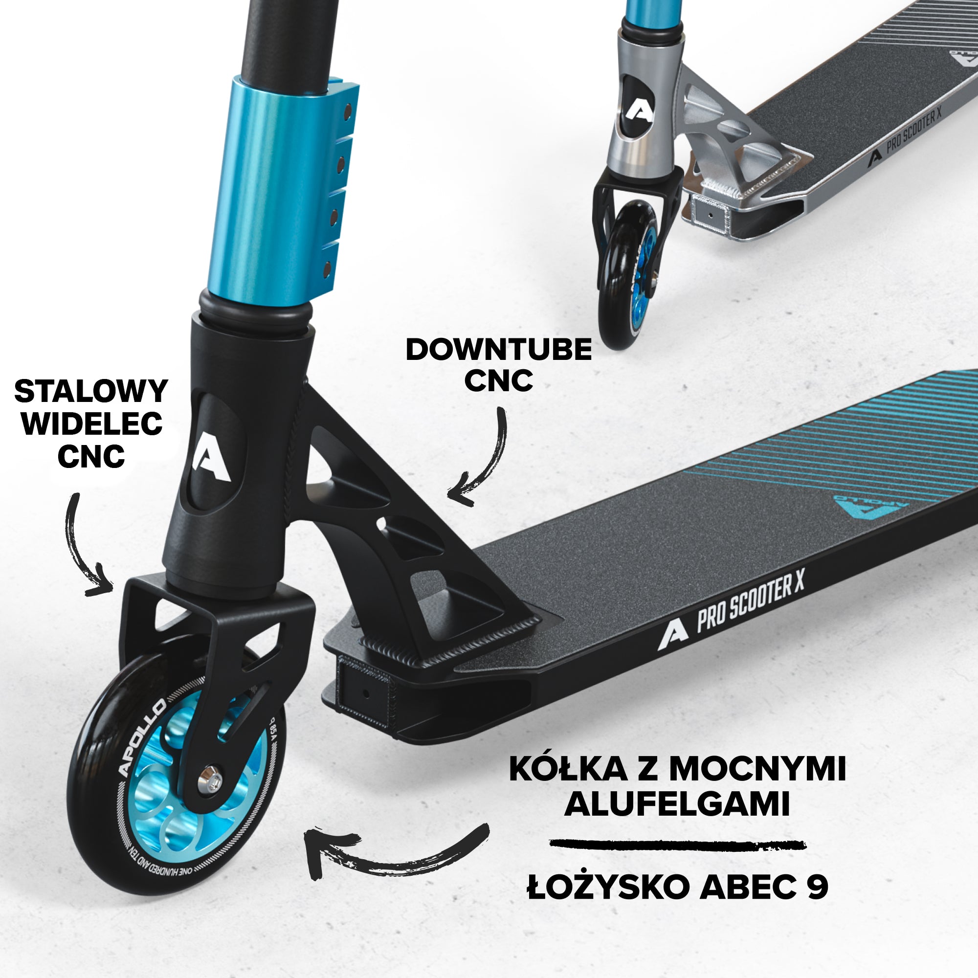Apollo - High-end hulajnoga stunt "Genesis Pro X" z łożyskami ABEC 9 - Czarny Jasnoniebieski