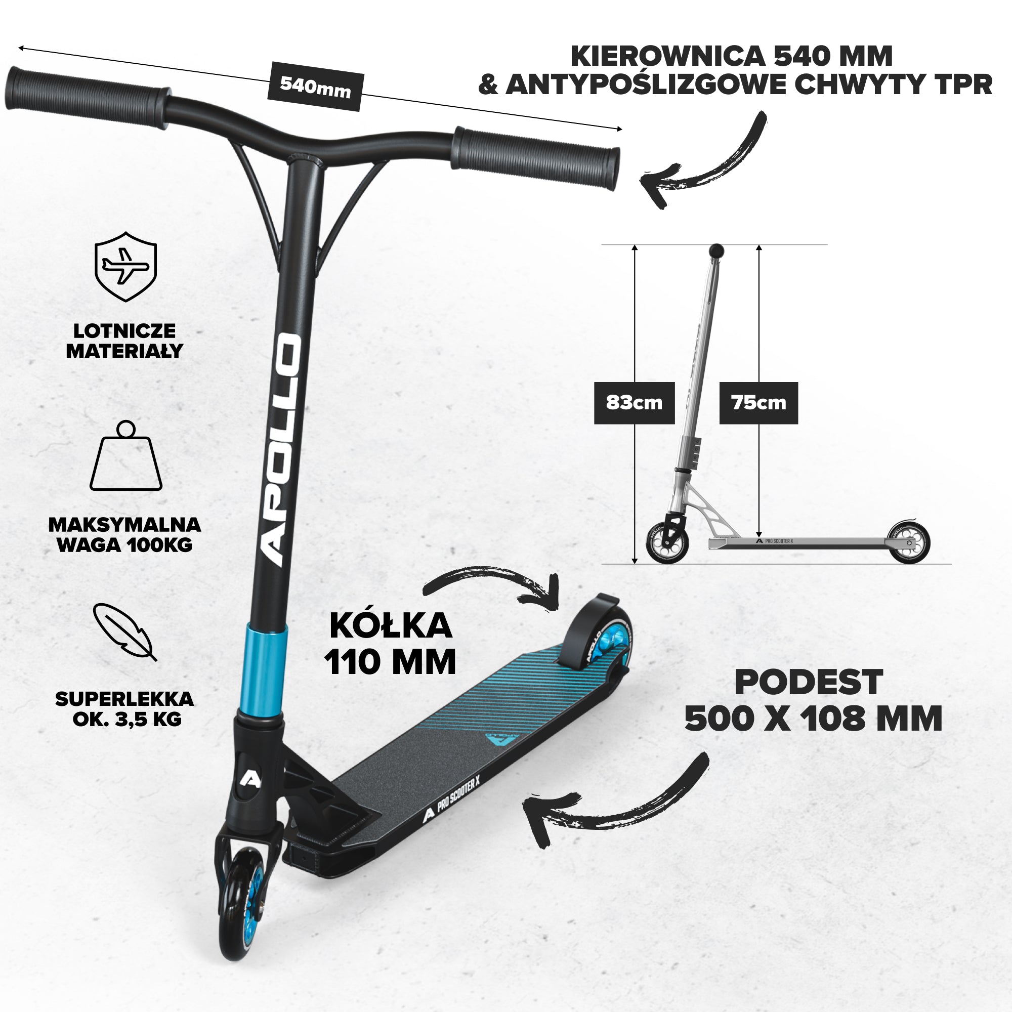 Apollo - High-end hulajnoga stunt "Genesis Pro X" z łożyskami ABEC 9 - Czarny Jasnoniebieski