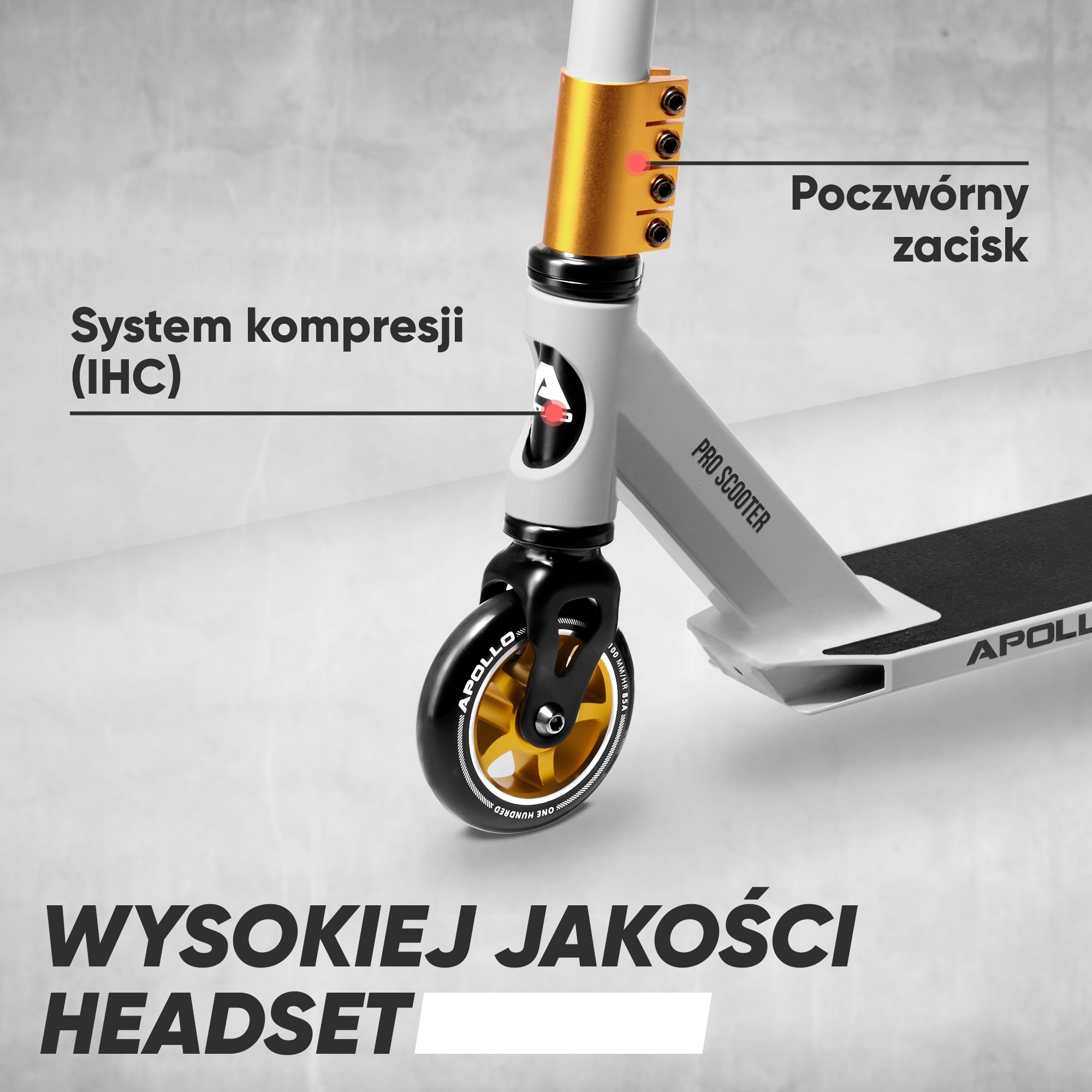 Apollo - Hulajnoga stunt "Star Pro" wysokiej jakości anodowana profesjonalna hulajnoga stunt - Biały Złoty