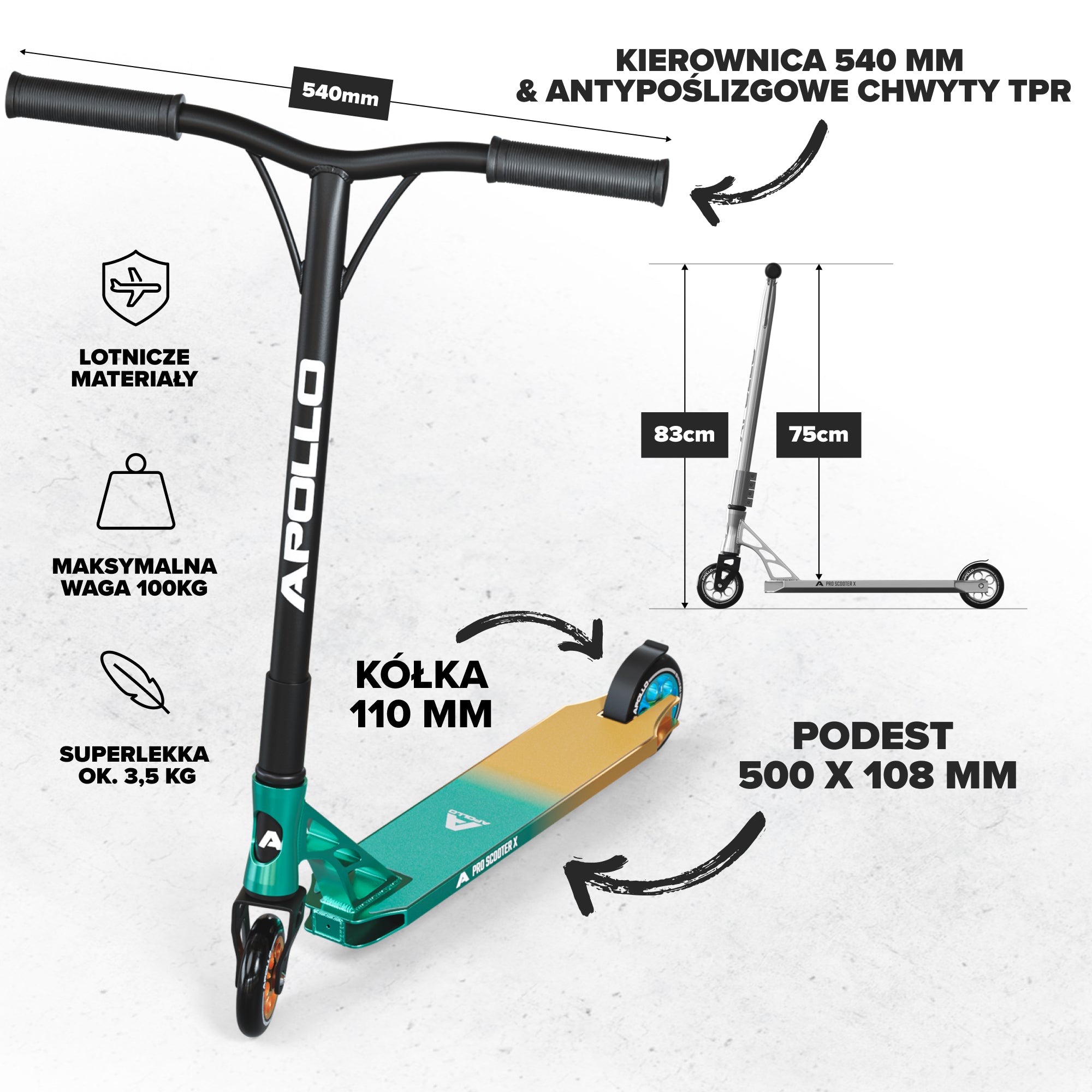 Apollo - High-end hulajnoga stunt "Genesis Pro X" z łożyskami ABEC 9 - Miętowy Złoty