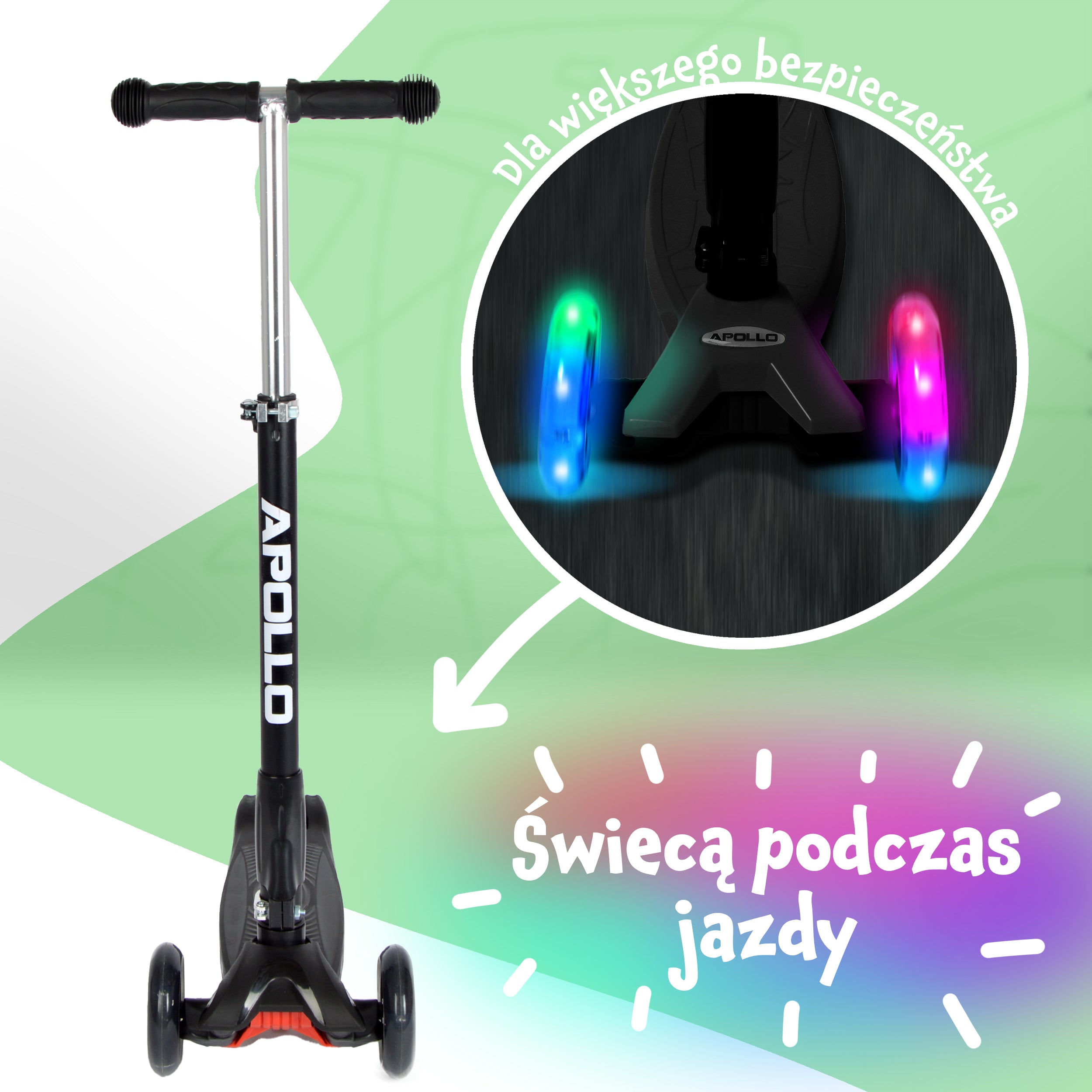 Apollo - Hulajnoga dla dzieci Apollo LED - w różnych kolorach - Czarny