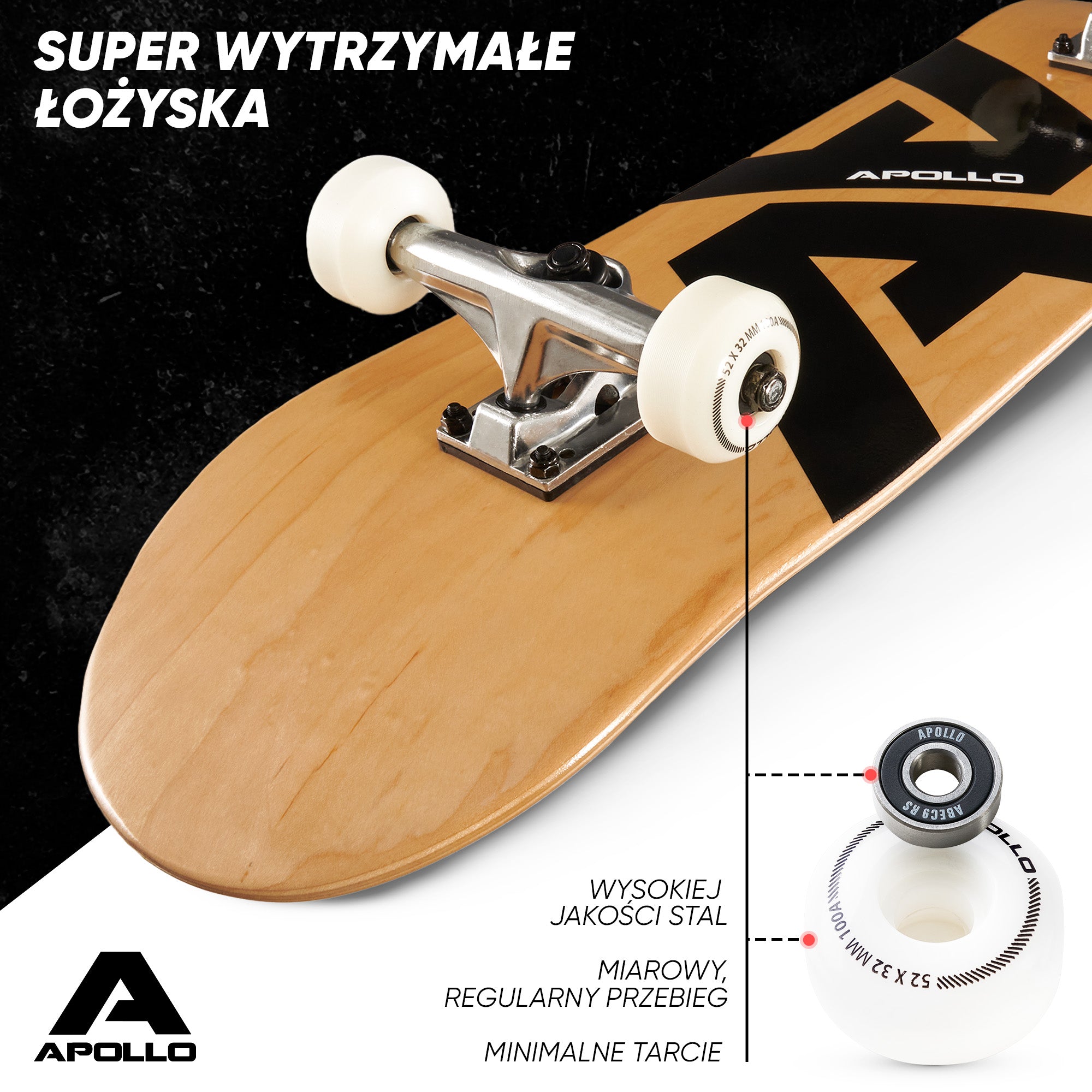 Apollo - Skateboard - "A&A" - 7-warstwowa drewniana deska kompletna z łożyskami ABEC 7 -