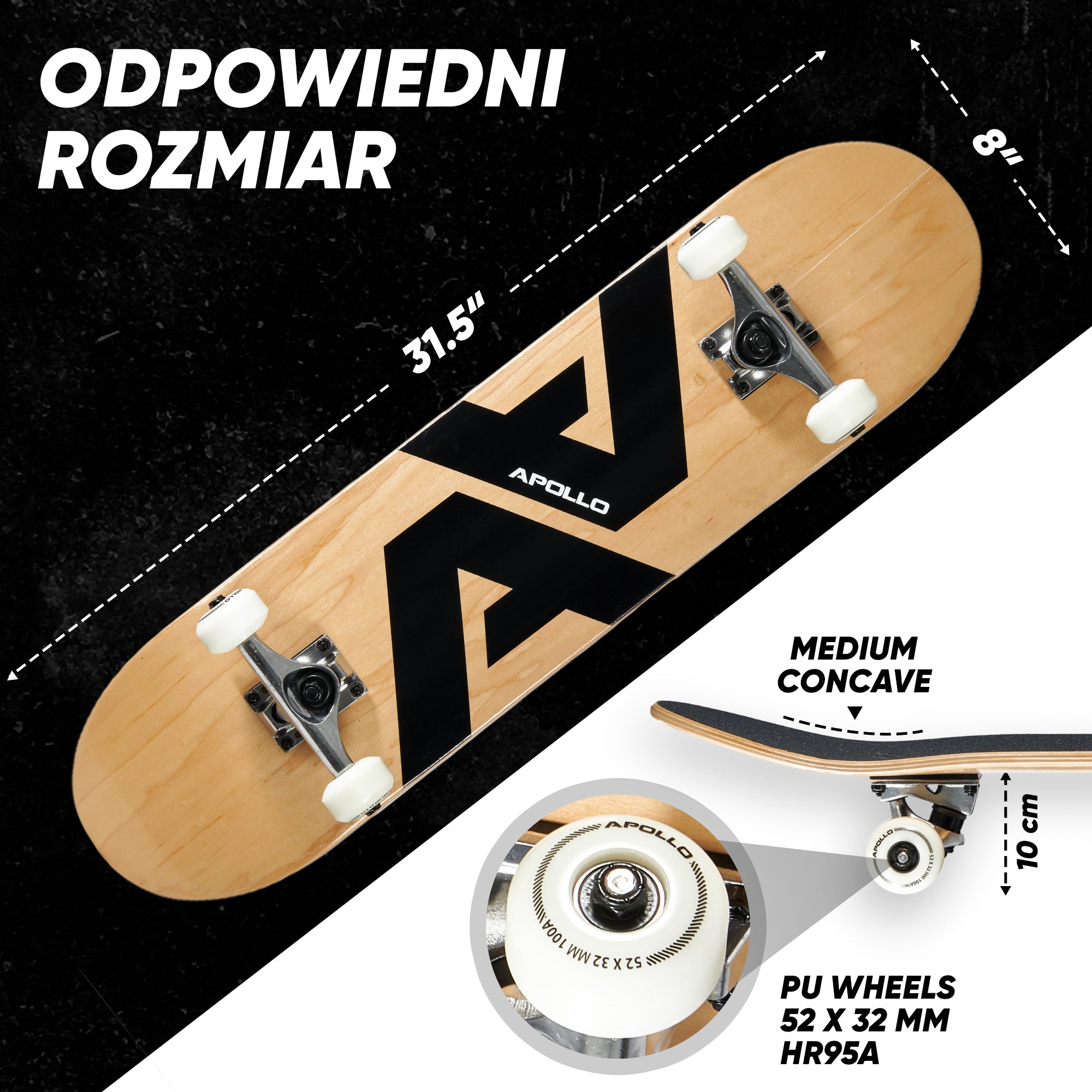Apollo - Skateboard - "A&A" - 7-warstwowa drewniana deska kompletna z łożyskami ABEC 7 -