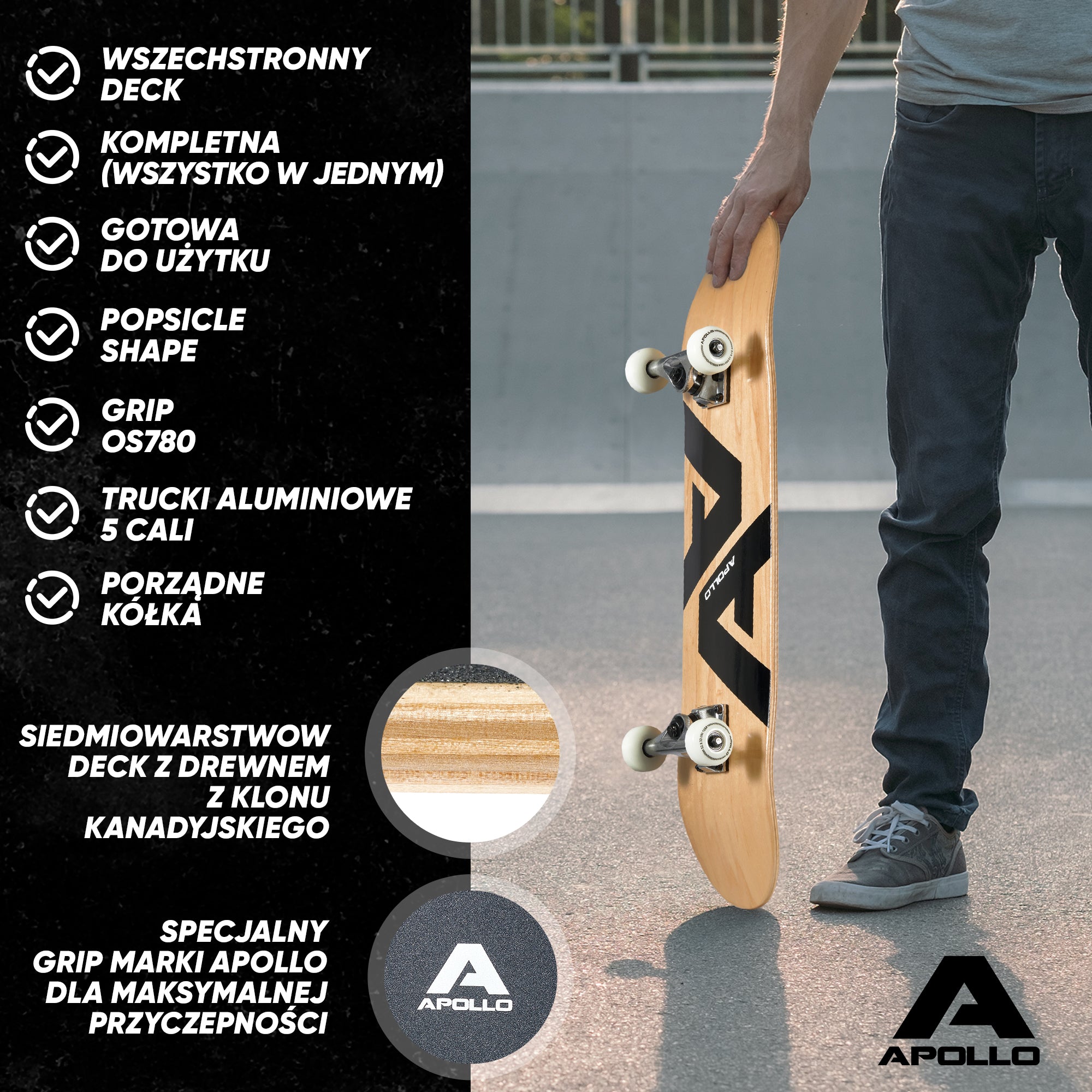 Apollo - Skateboard - "A&A" - 7-warstwowa drewniana deska kompletna z łożyskami ABEC 7 -