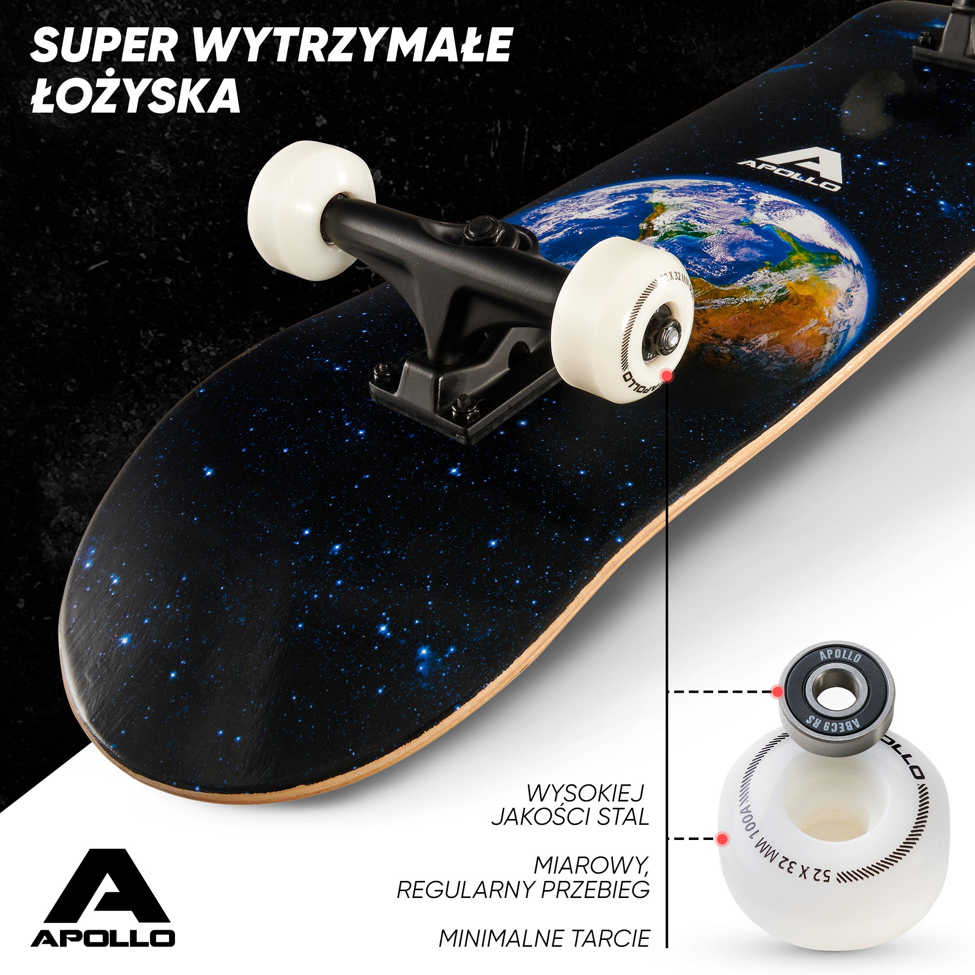 Apollo - Skateboard - "Earth" - 7-warstwowa drewniana deska kompletna z łożyskami ABEC 7 - Earth