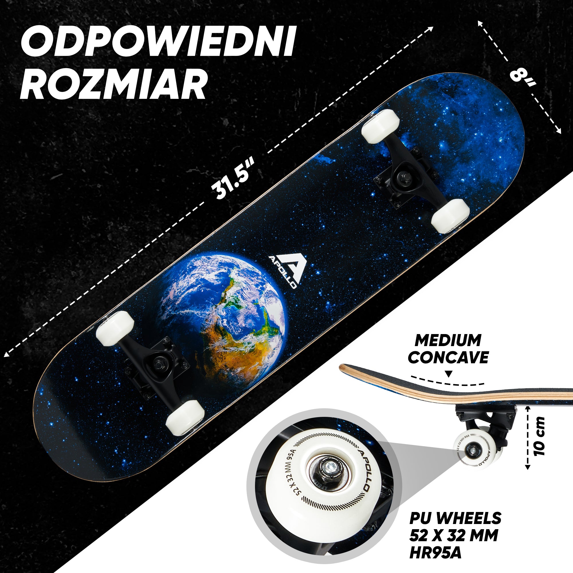Apollo - Skateboard - "Earth" - 7-warstwowa drewniana deska kompletna z łożyskami ABEC 7 - Earth