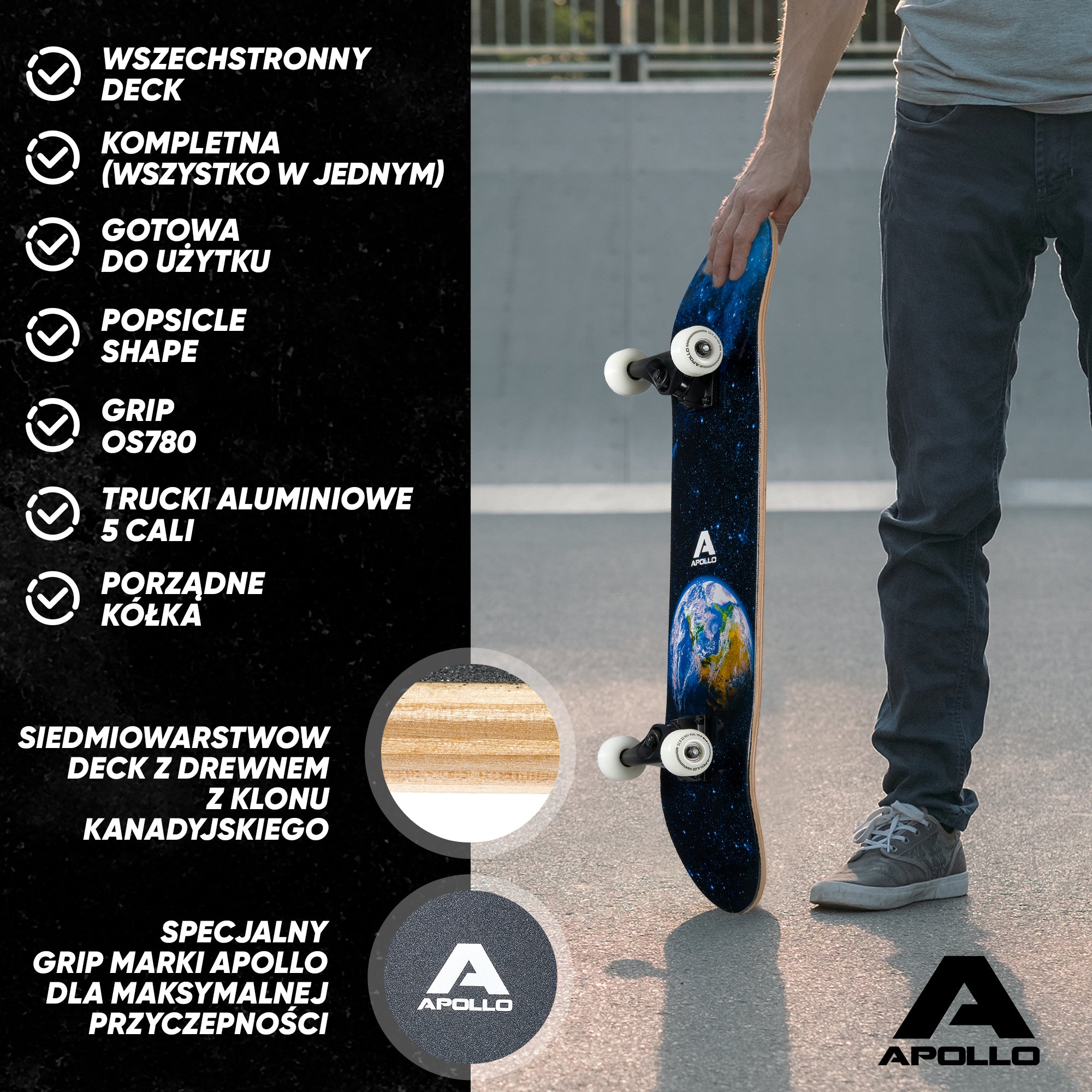 Apollo - Skateboard - "Earth" - 7-warstwowa drewniana deska kompletna z łożyskami ABEC 7 - Earth
