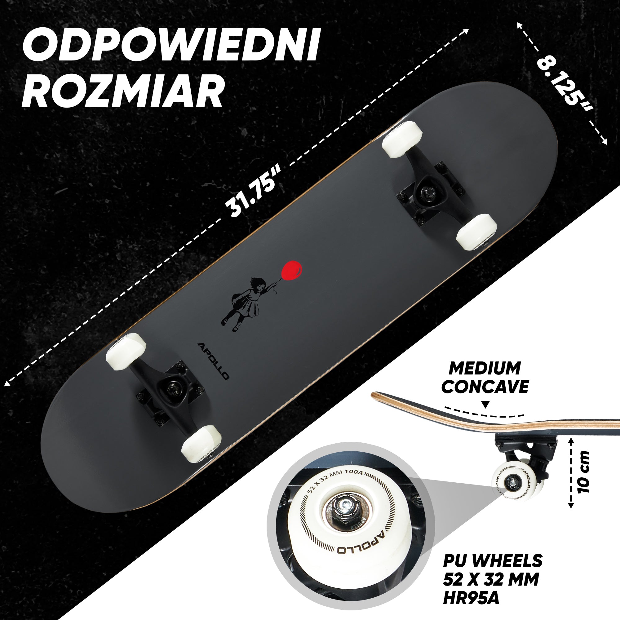 Apollo - Skateboard - "Balloon" - 7-warstwowa drewniana deska kompletna z łożyskami ABEC 7 - Balloon