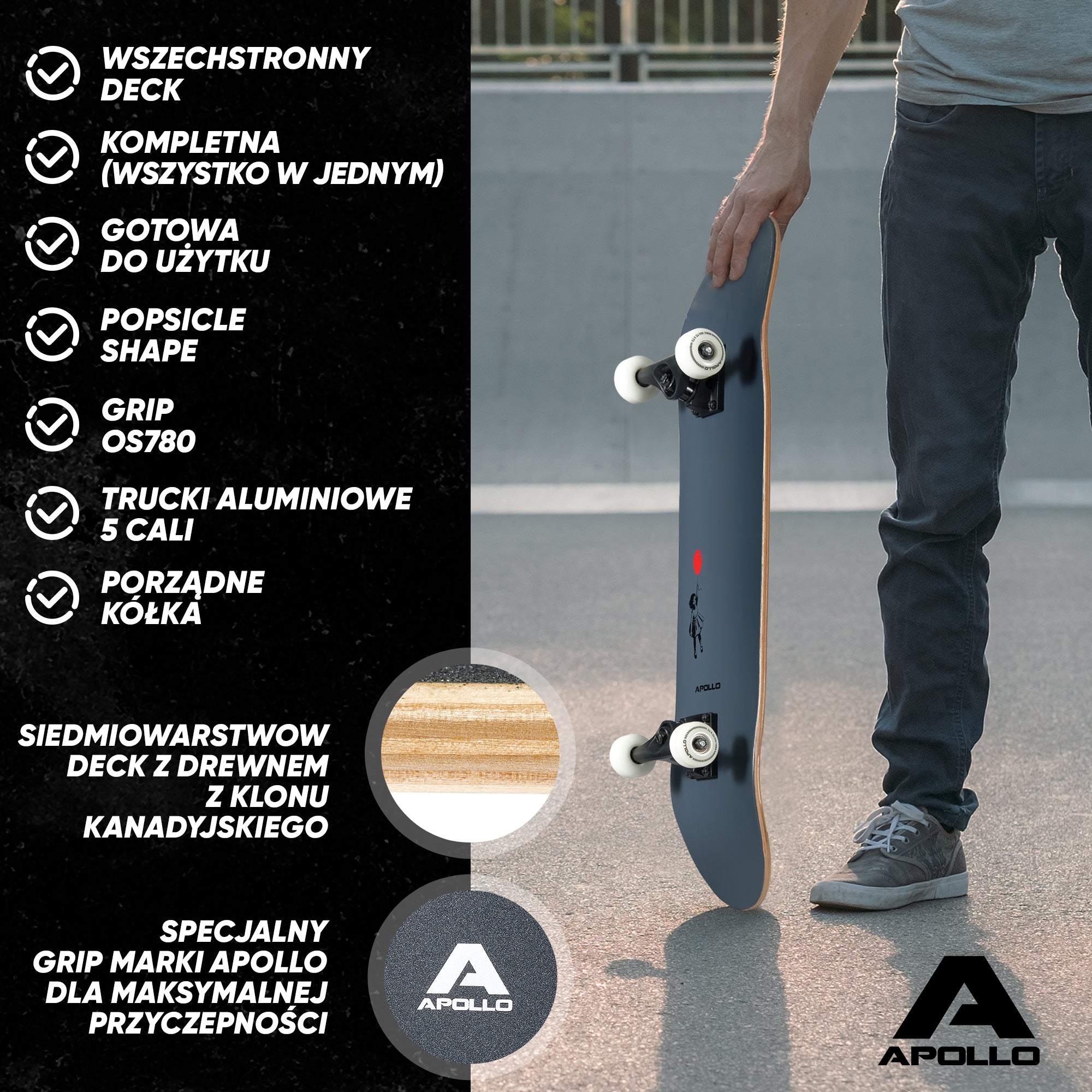 Apollo - Skateboard - "Balloon" - 7-warstwowa drewniana deska kompletna z łożyskami ABEC 7 - Balloon