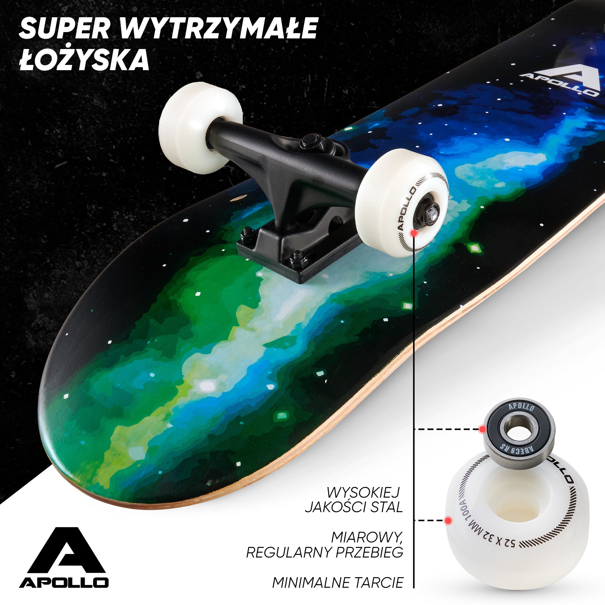 Apollo - Skateboard - "Galaxy" - 7-warstwowa drewniana deska kompletna z łożyskami ABEC 7 -