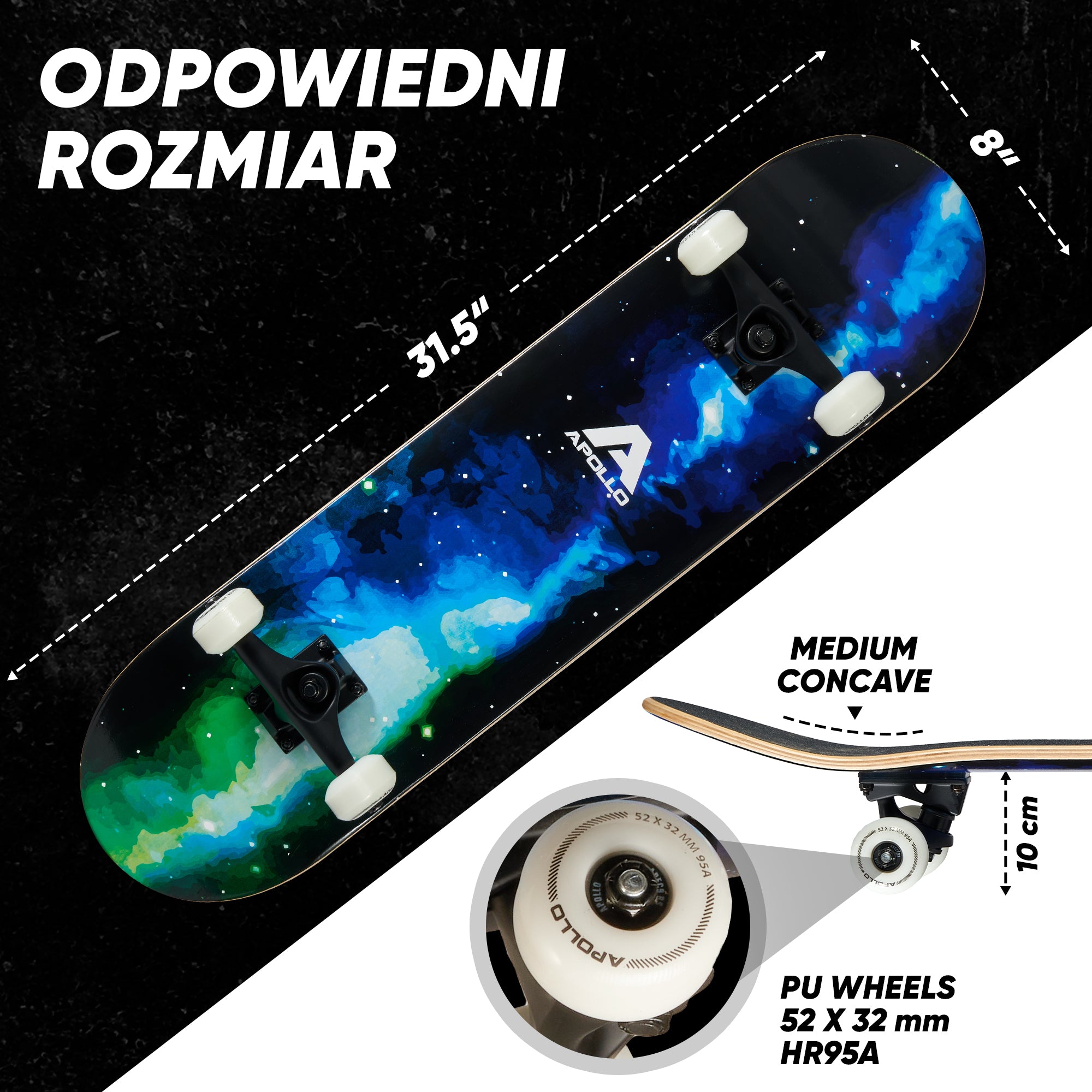 Apollo - Skateboard - "Galaxy" - 7-warstwowa drewniana deska kompletna z łożyskami ABEC 7 -