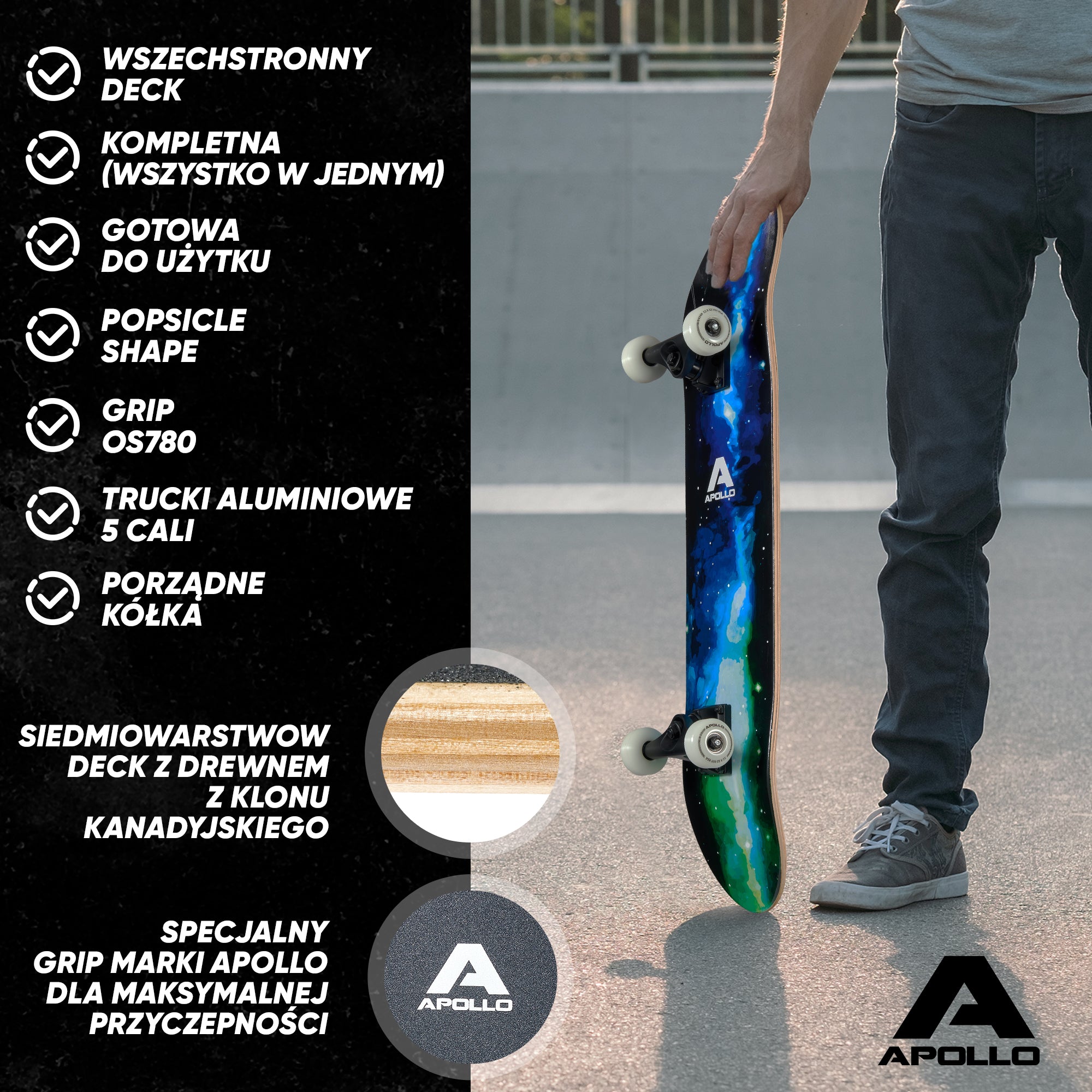 Apollo - Skateboard - "Galaxy" - 7-warstwowa drewniana deska kompletna z łożyskami ABEC 7 -