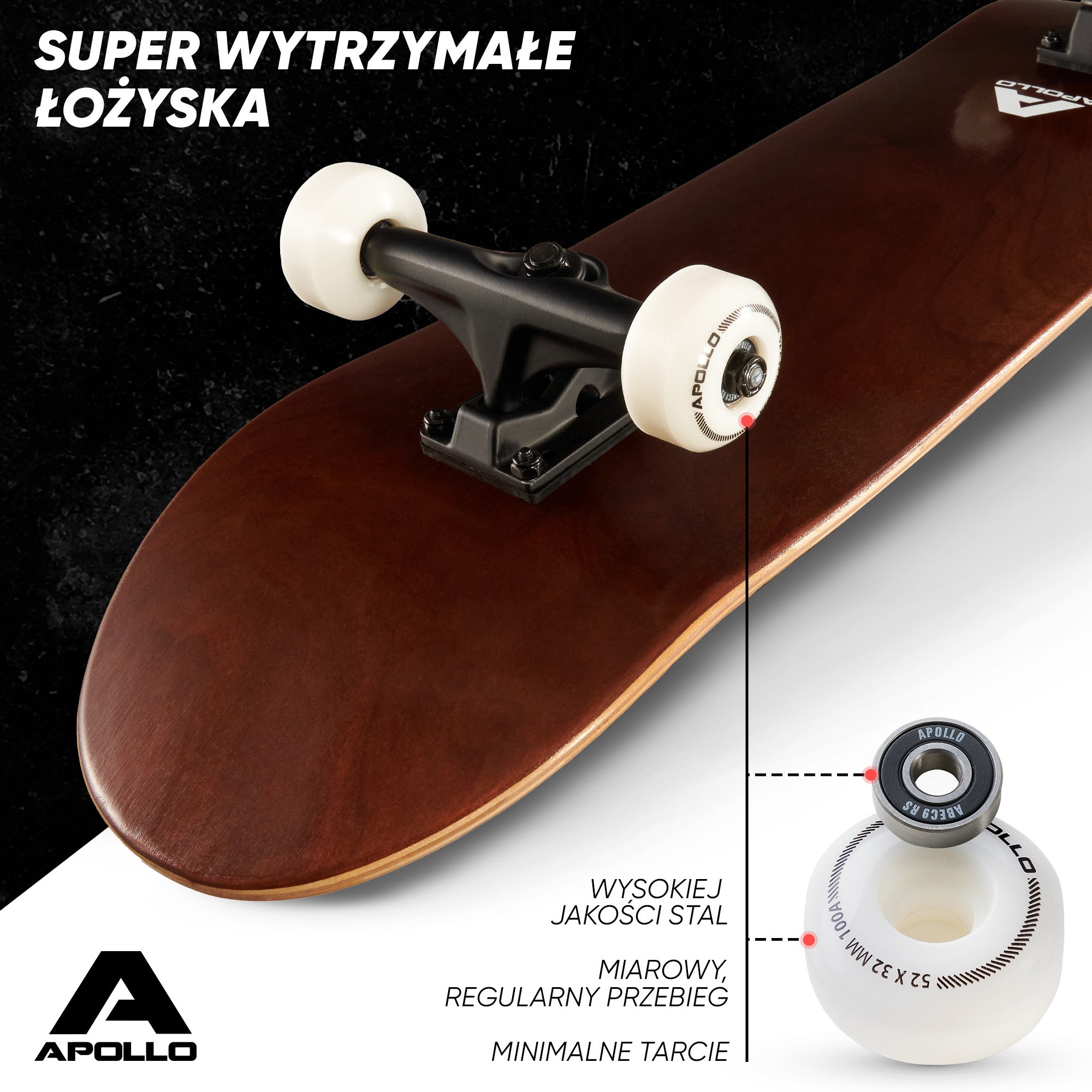 Apollo - Skateboard - "Plain Wood" - 7-warstwowa drewniana deska kompletna z łożyskami ABEC 7 - Wood