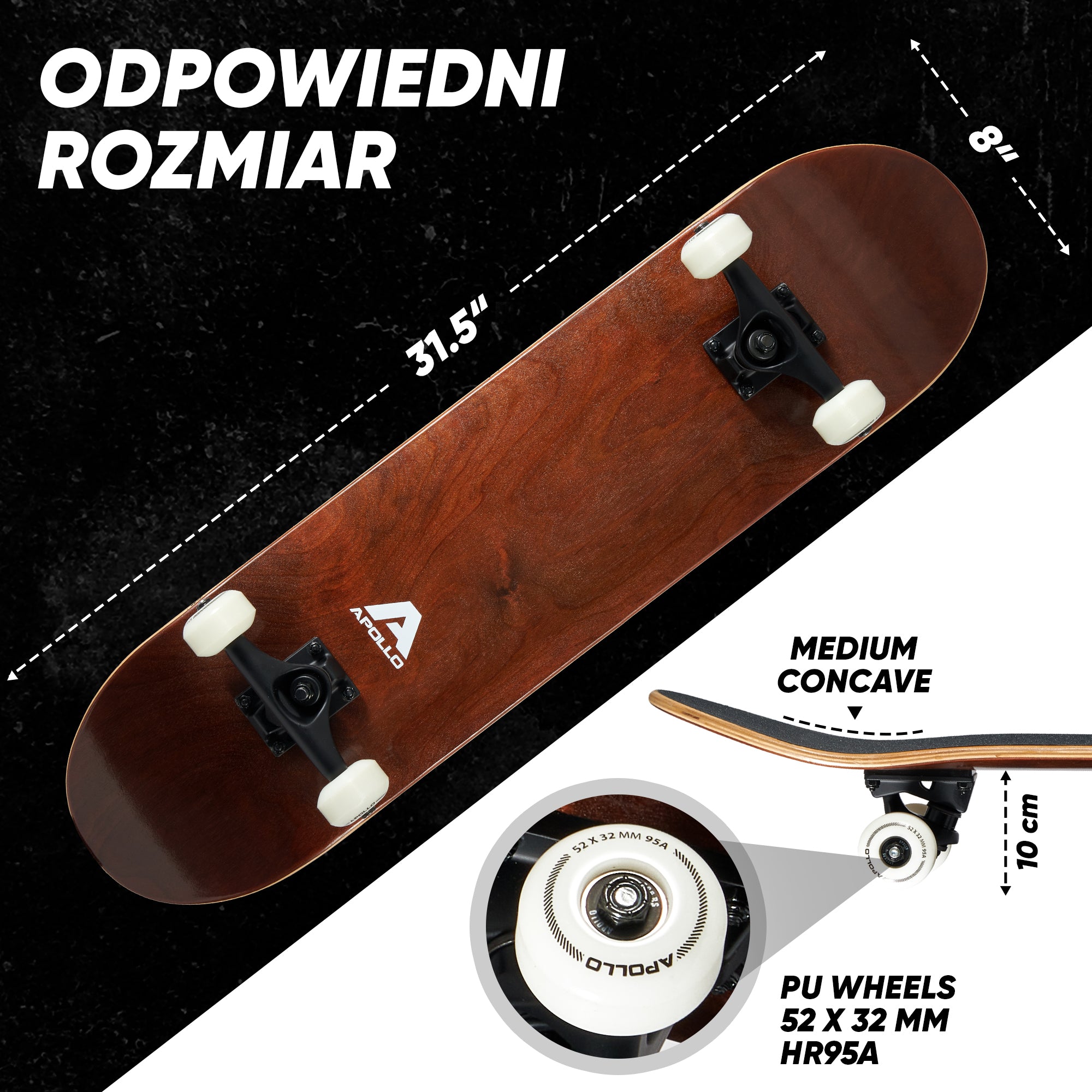 Apollo - Skateboard - "Plain Wood" - 7-warstwowa drewniana deska kompletna z łożyskami ABEC 7 - Wood