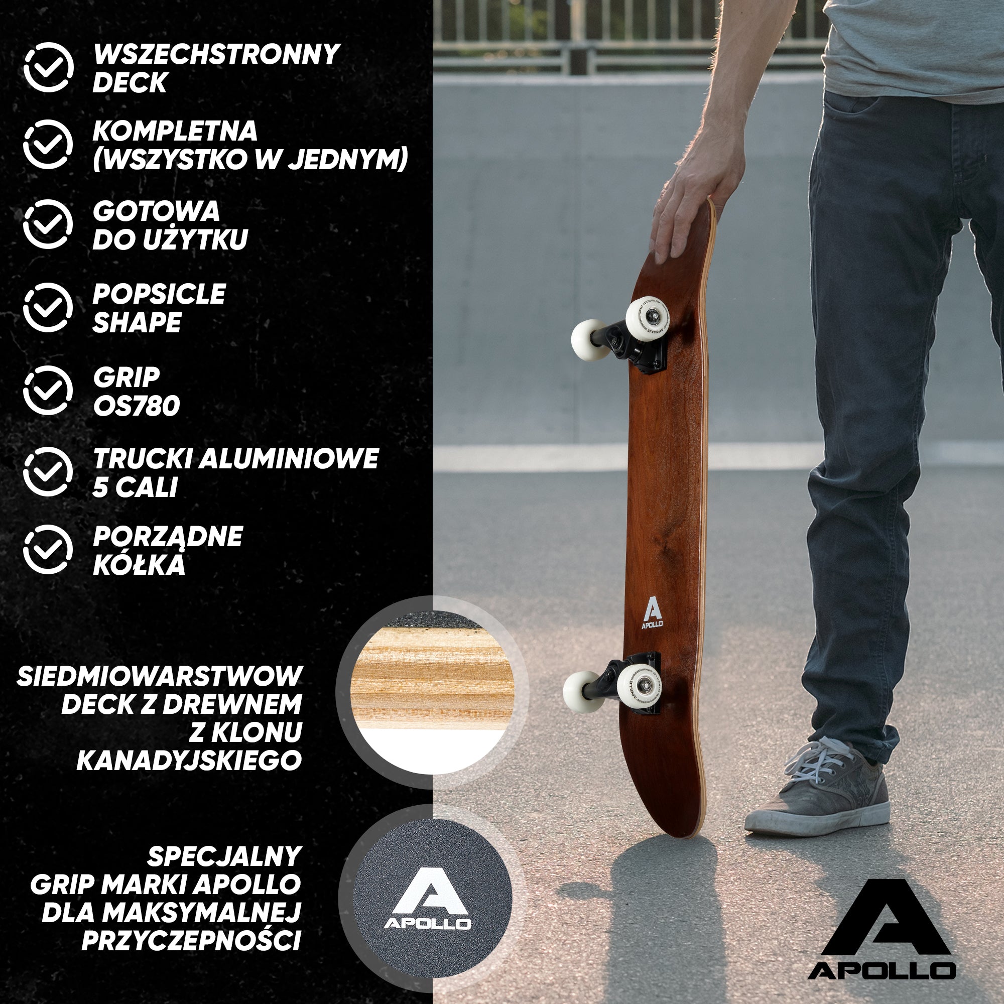 Apollo - Skateboard - "Plain Wood" - 7-warstwowa drewniana deska kompletna z łożyskami ABEC 7 - Wood