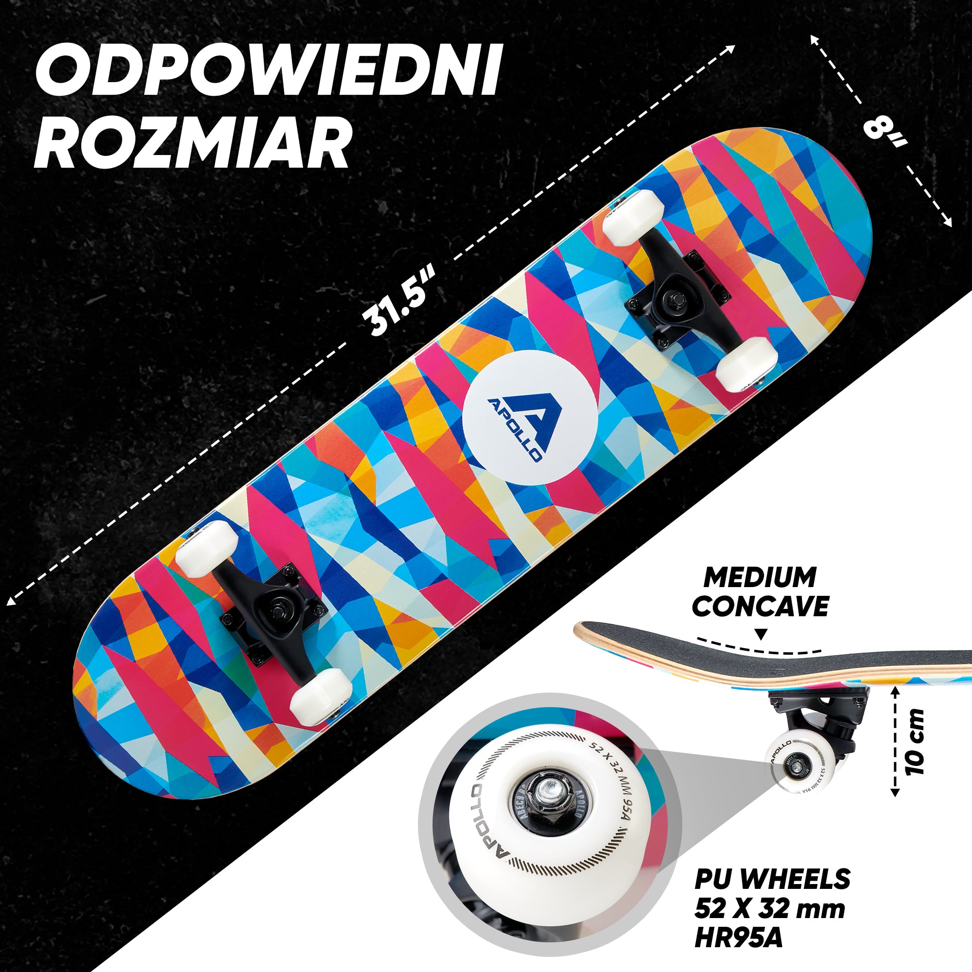 Apollo - Skateboard - "Mosaik" - 7-warstwowa drewniana deska kompletna z łożyskami ABEC 7 - Mosaik